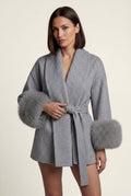 Gray Shawl Collar Belted Faux Fur Cuff Wrap Coat - Full length coat - Photo 7