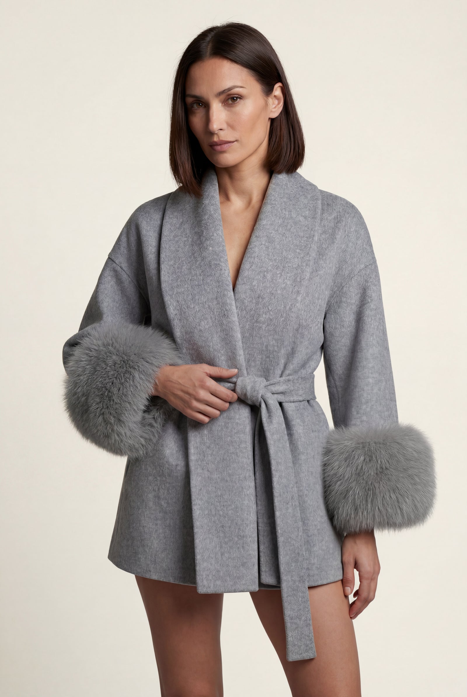 Gray Shawl Collar Belted Faux Fur Cuff Wrap Coat - Full length coat - Photo 7