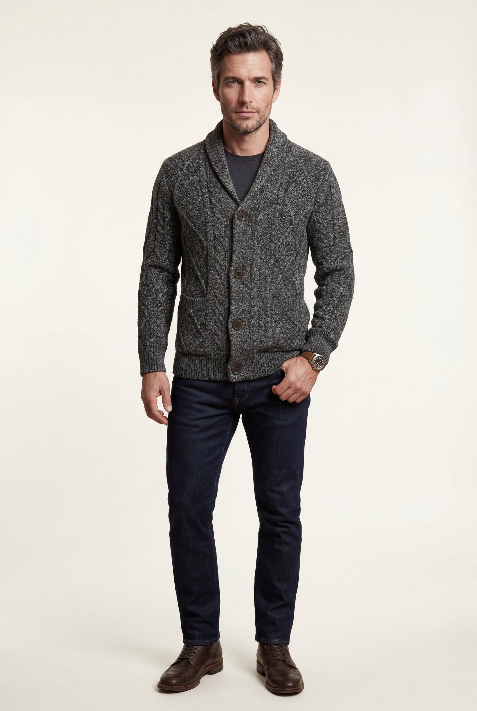 Gray Shawl Collar Cable Button Cardigan - Knit cardigans - Photo 1