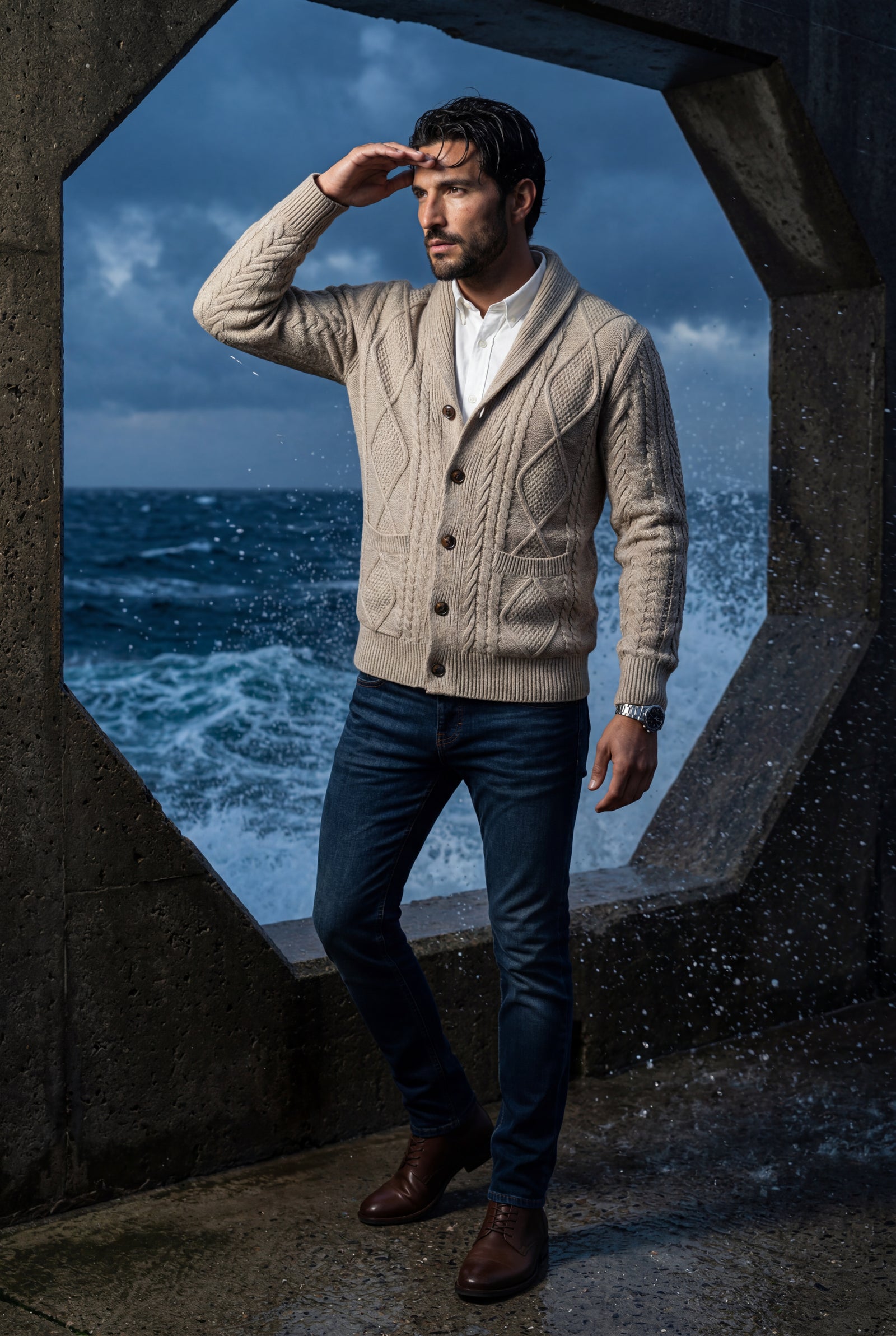 Khaki Shawl Collar Cable Button Cardigan - Knit cardigans - Photo 10