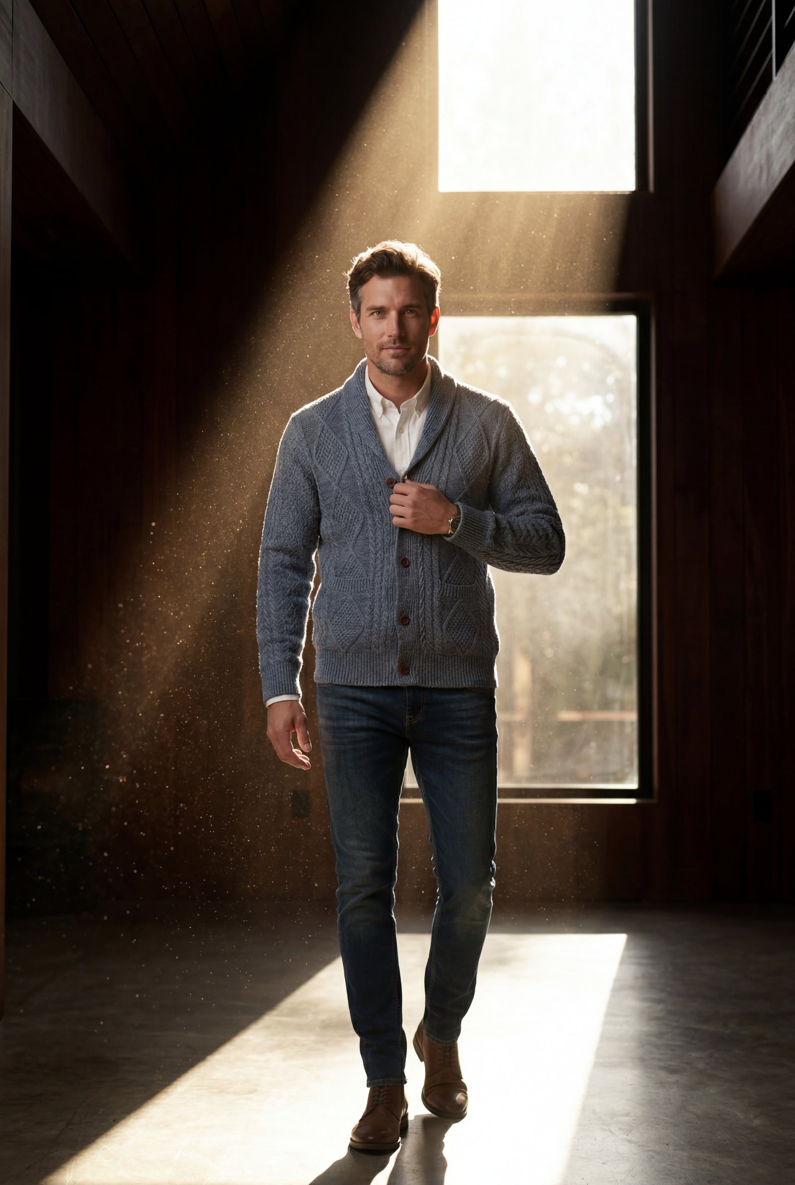 Steel Blue Shawl Collar Cable Button Cardigan - Knit cardigans - Photo 16