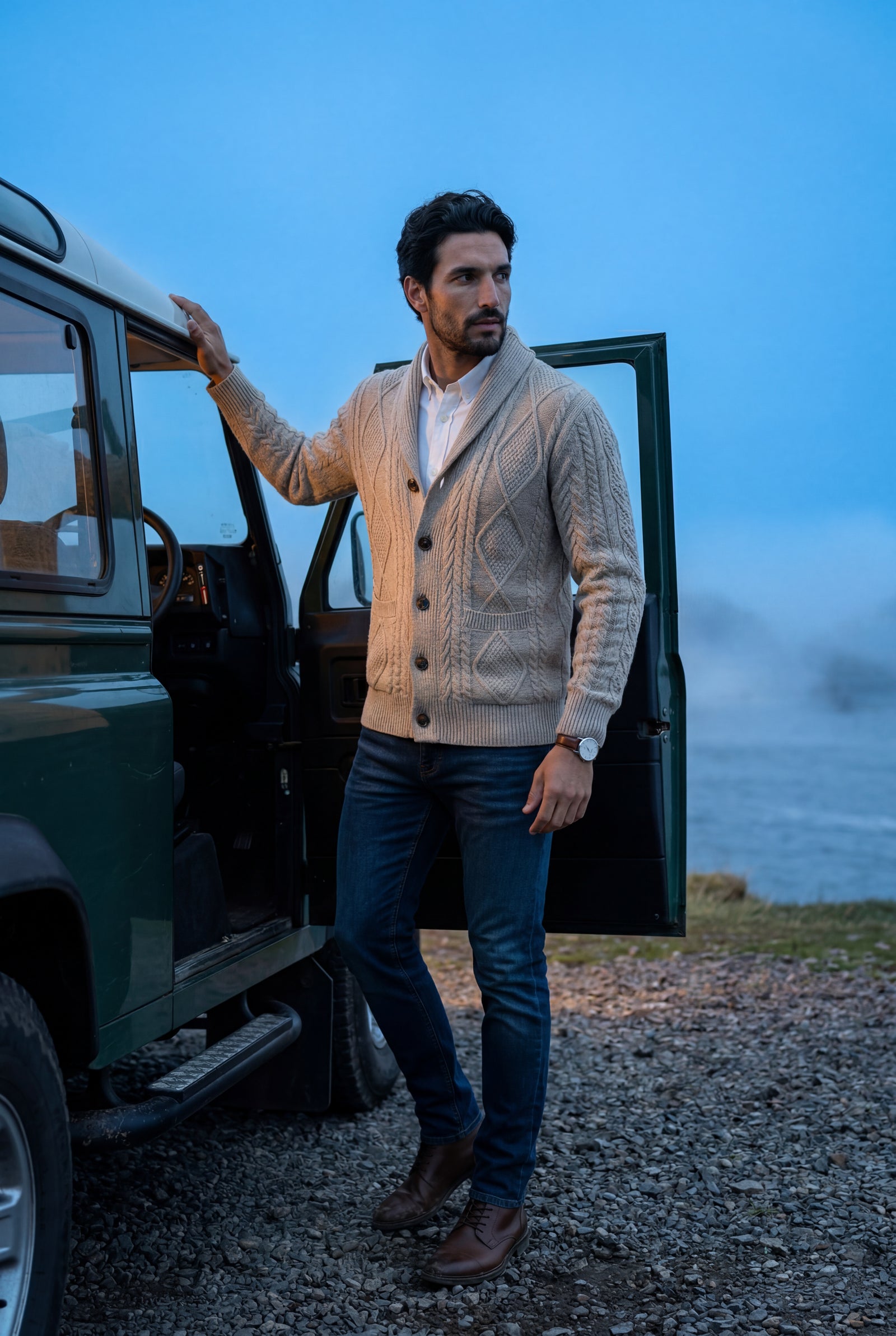 Khaki Shawl Collar Cable Button Cardigan - Knit cardigans - Photo 5