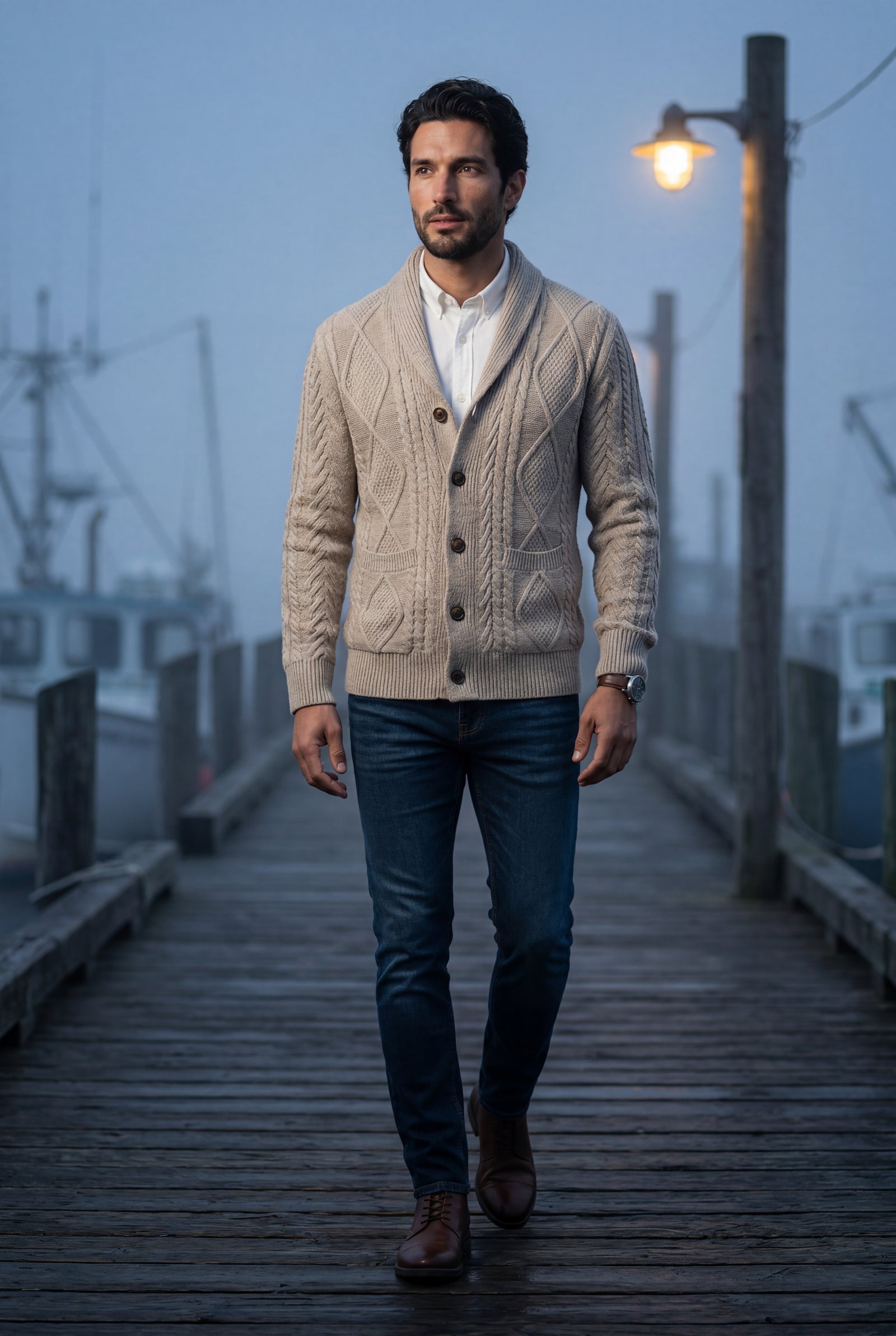 Khaki Shawl Collar Cable Button Cardigan - Knit cardigans - Photo 8