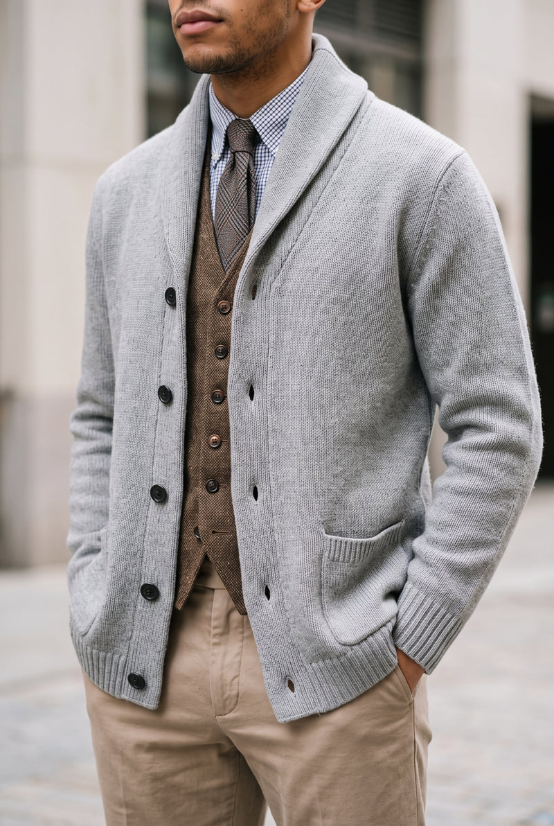 Shawl Collar Knit Cardigan in Gray — studio front