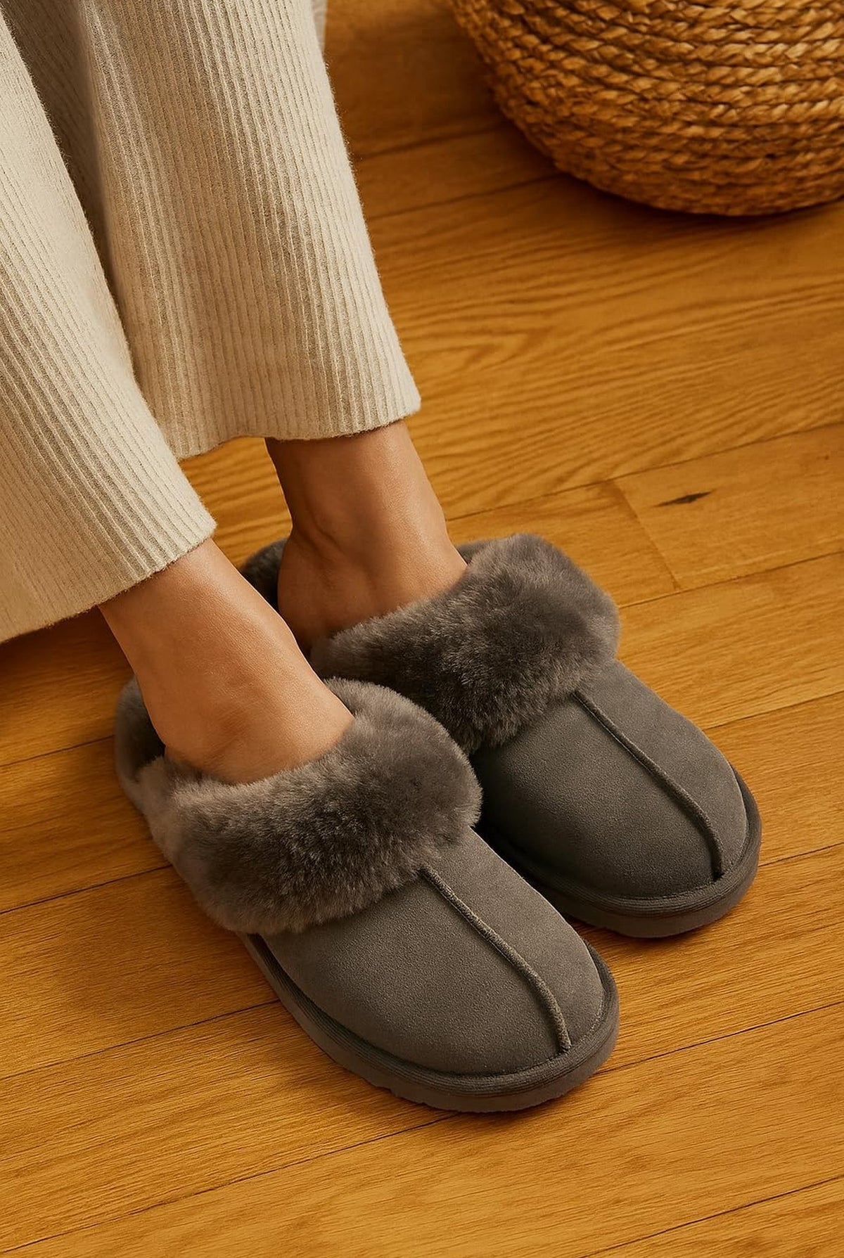 Shearling Open-Back Slippers in Gray — detail
