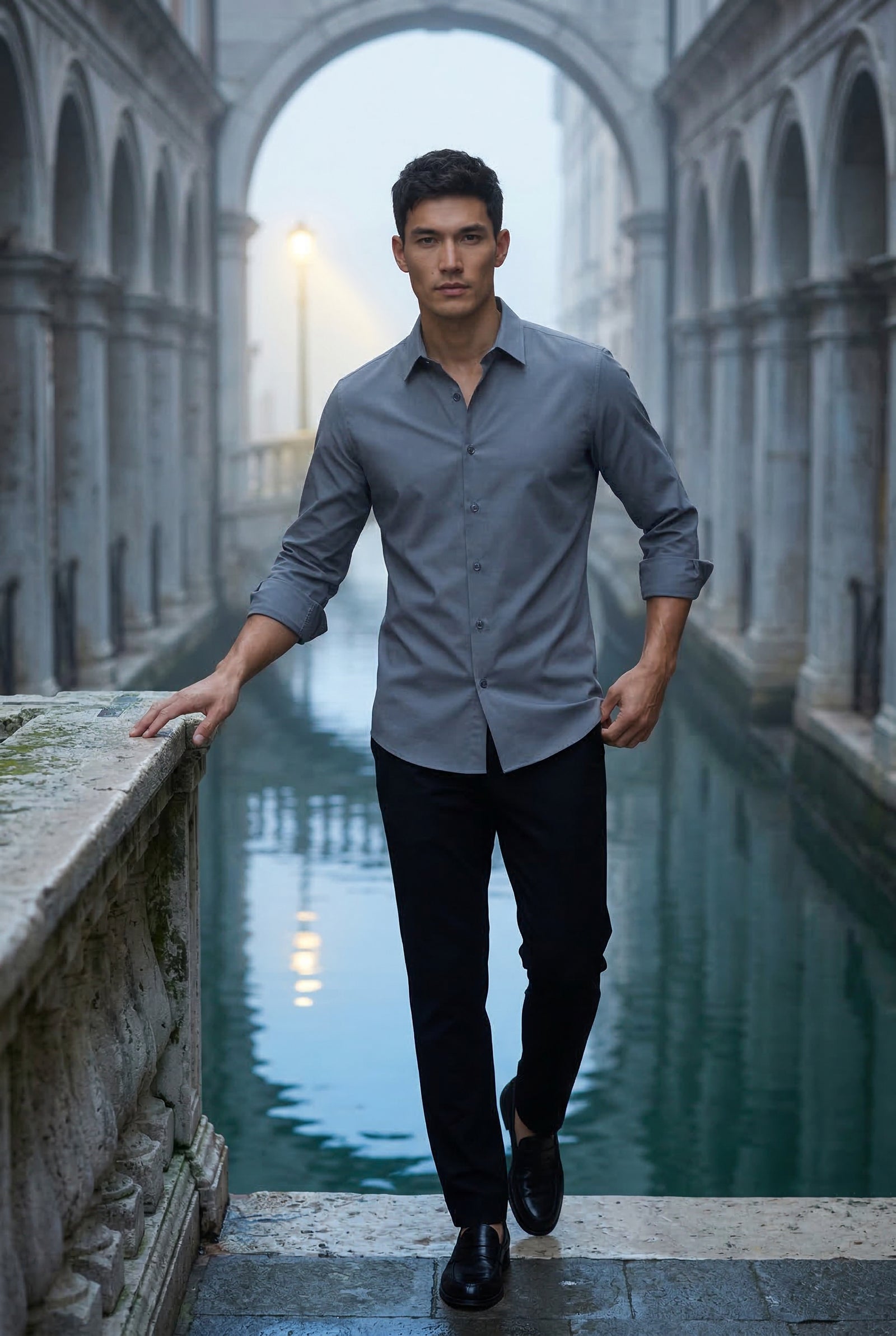 Gray Slim Fit Classic Collar Long Sleeve Button-up Shirt - Casual Shirts - Photo 3