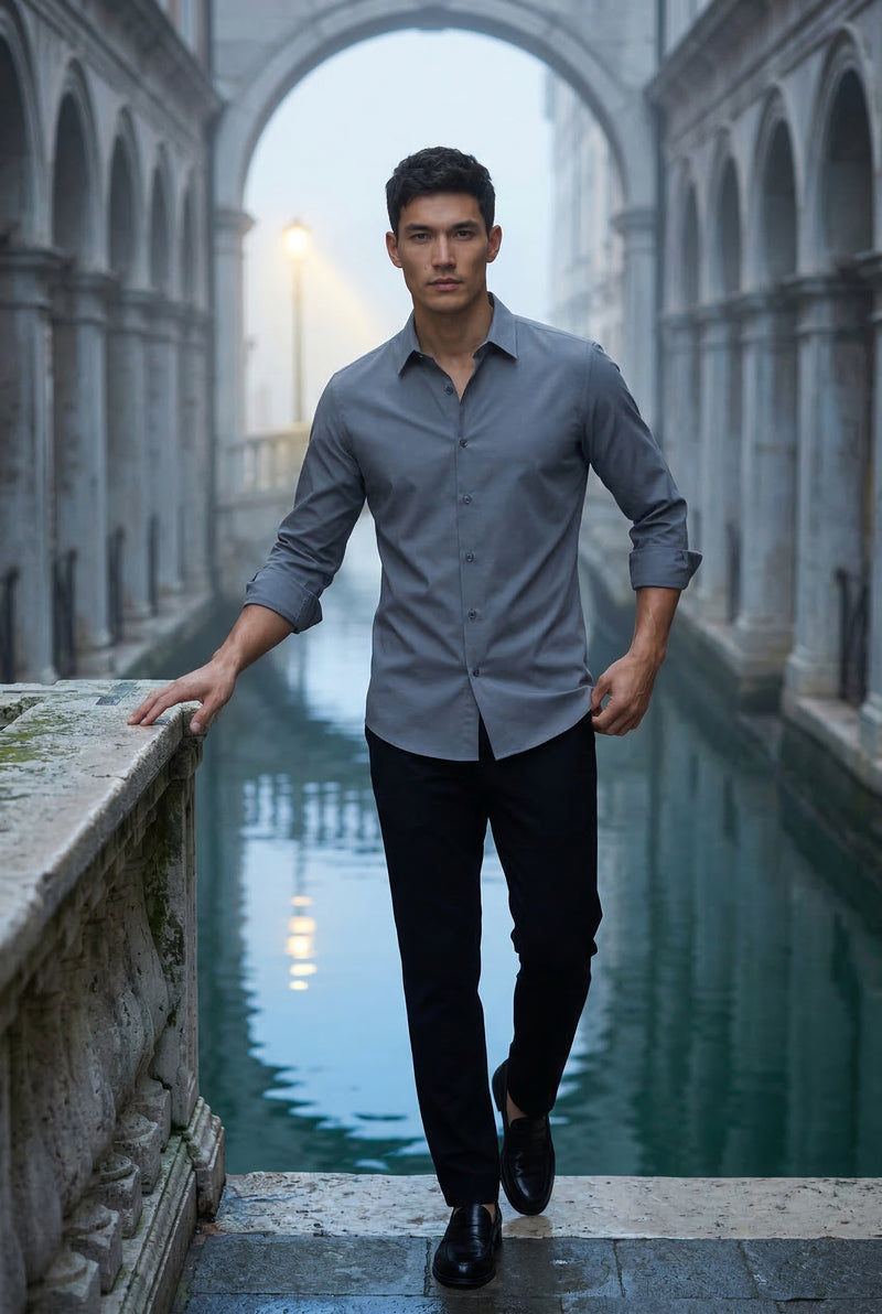 Gray Slim Fit Classic Collar Long Sleeve Button-up Shirt - Casual Shirts - Photo 3