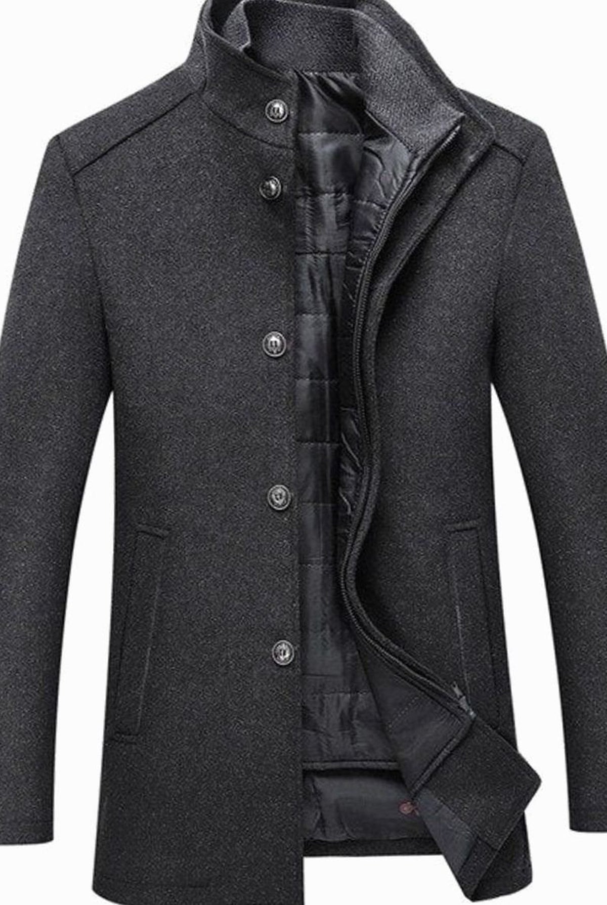 Stand-Collar Wool-Blend Overcoat in Gray — front view
