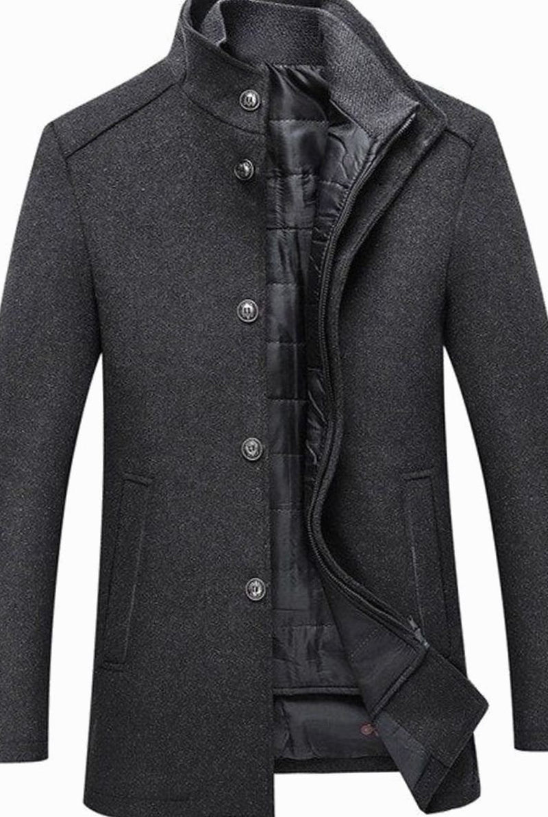 Stand-Collar Wool-Blend Overcoat in Gray — front view