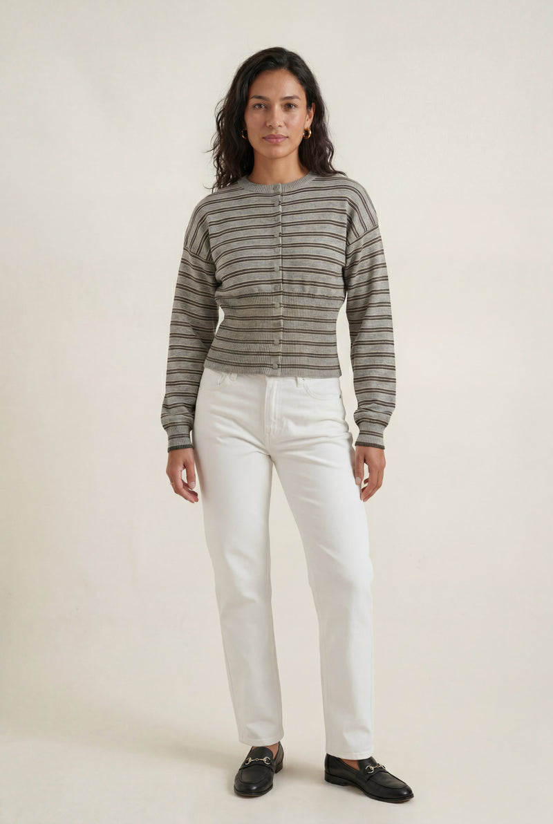Gray Striped Button-front Cropped Cardigan with Cinched Hem - Photo 2