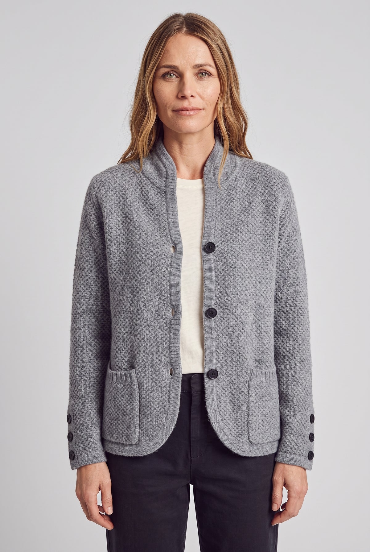 Cardigan Button Classic in Gray — studio front