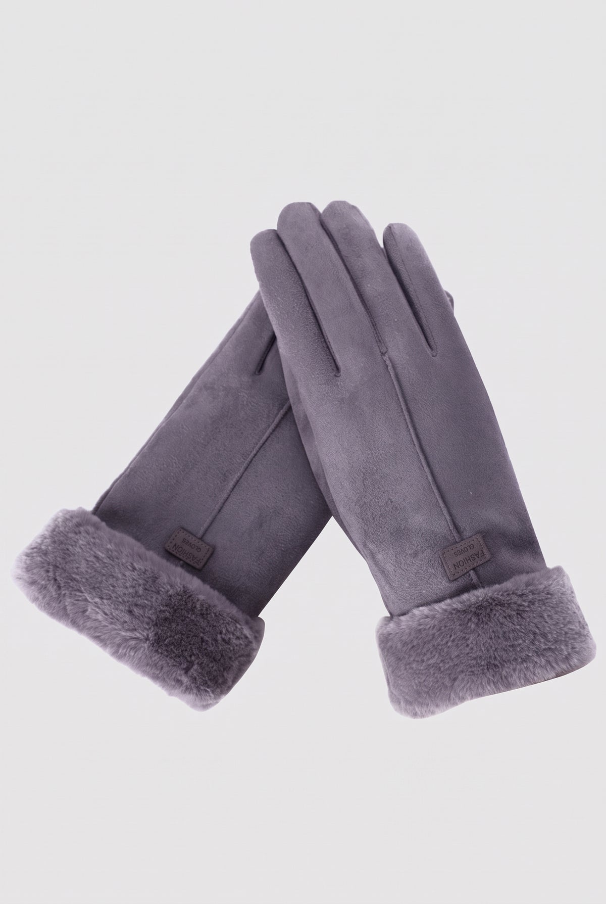 Suede-Like Gloves with Faux Fur Cuffs in Gray — studio front