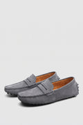 Suede Moccasin Loafers in Gray — studio front