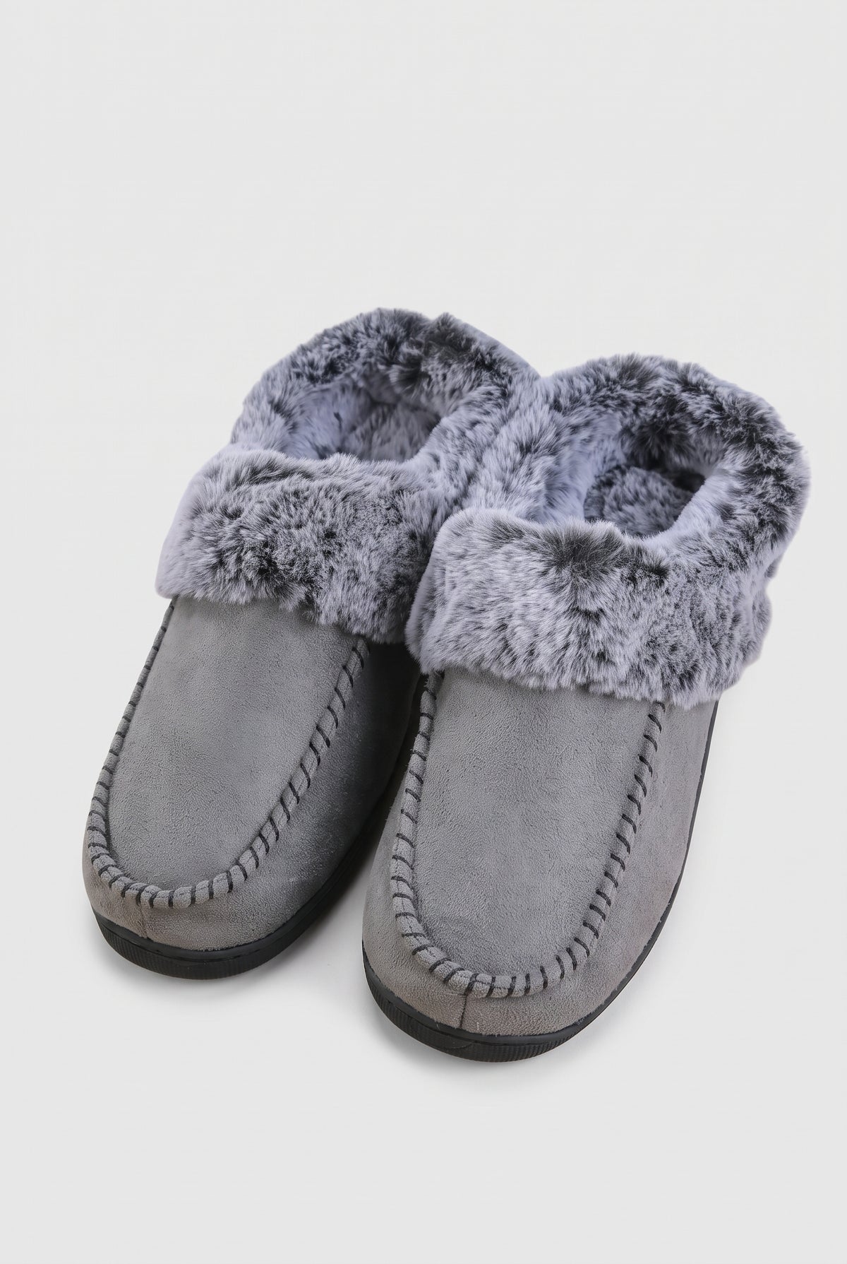 Suede Mule Slippers in Gray — studio front