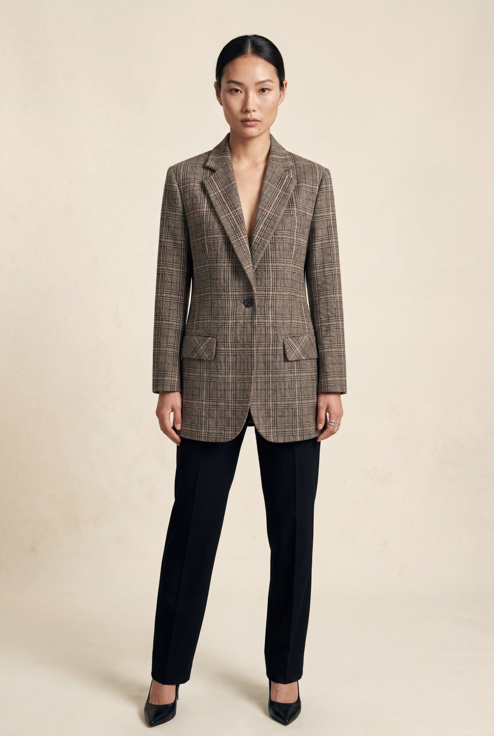 Gray Taupe Brown Plaid Single-breasted Tailored Blazer - Plaid blazer - Photo 1