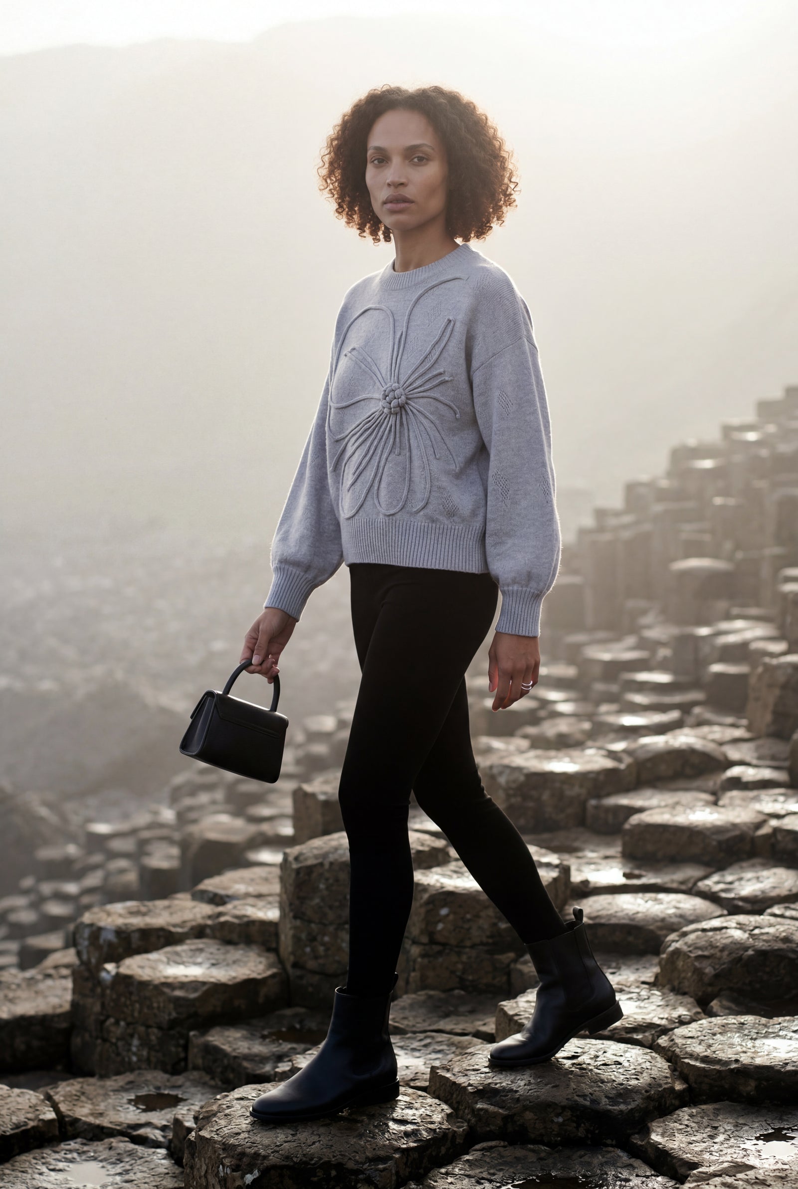 Gray Textured Floral Applique Crewneck Sweater Light Grey - Floral sweater - Photo 2