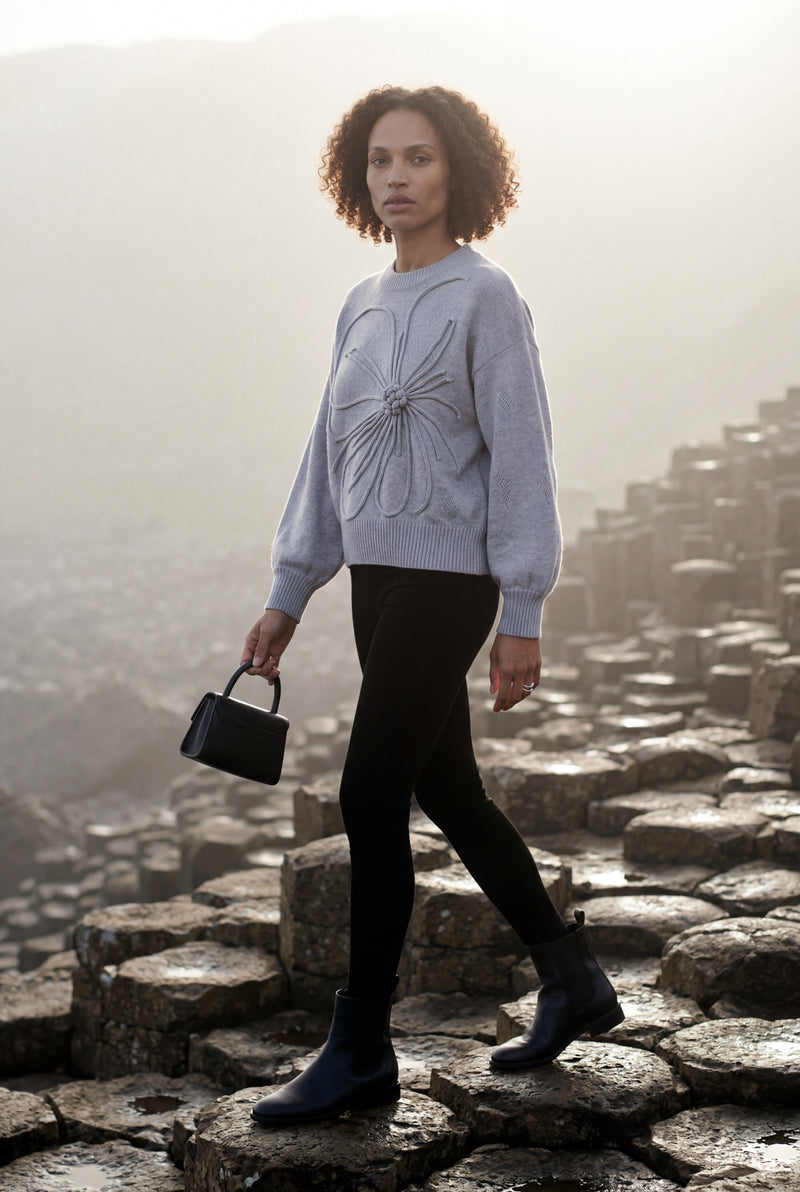 Gray Textured Floral Applique Crewneck Sweater Light Grey - Floral sweater - Photo 2