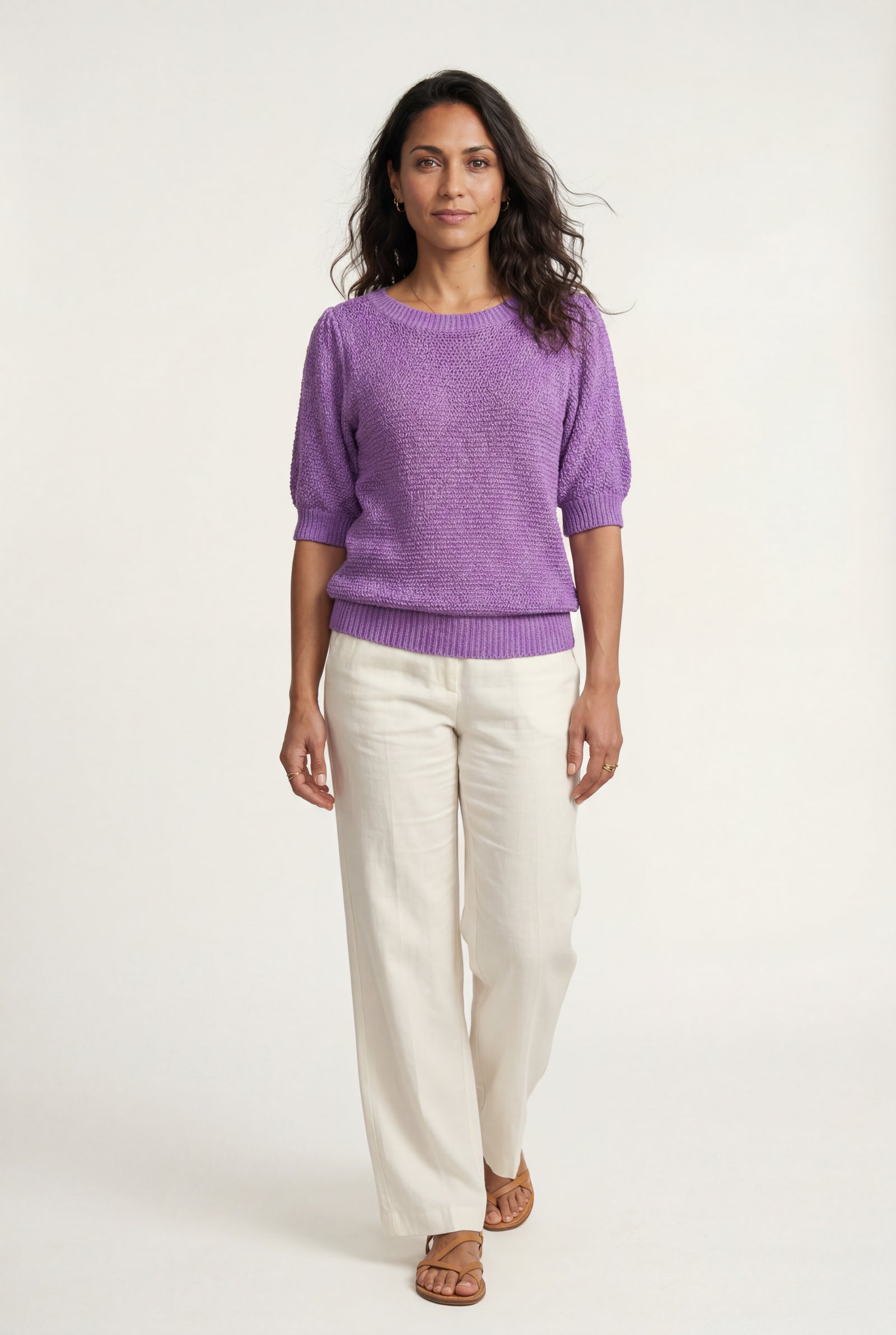 Purple Textured Relaxed Fit 3/4 Sleeve Knitted Sweater - Photo 17