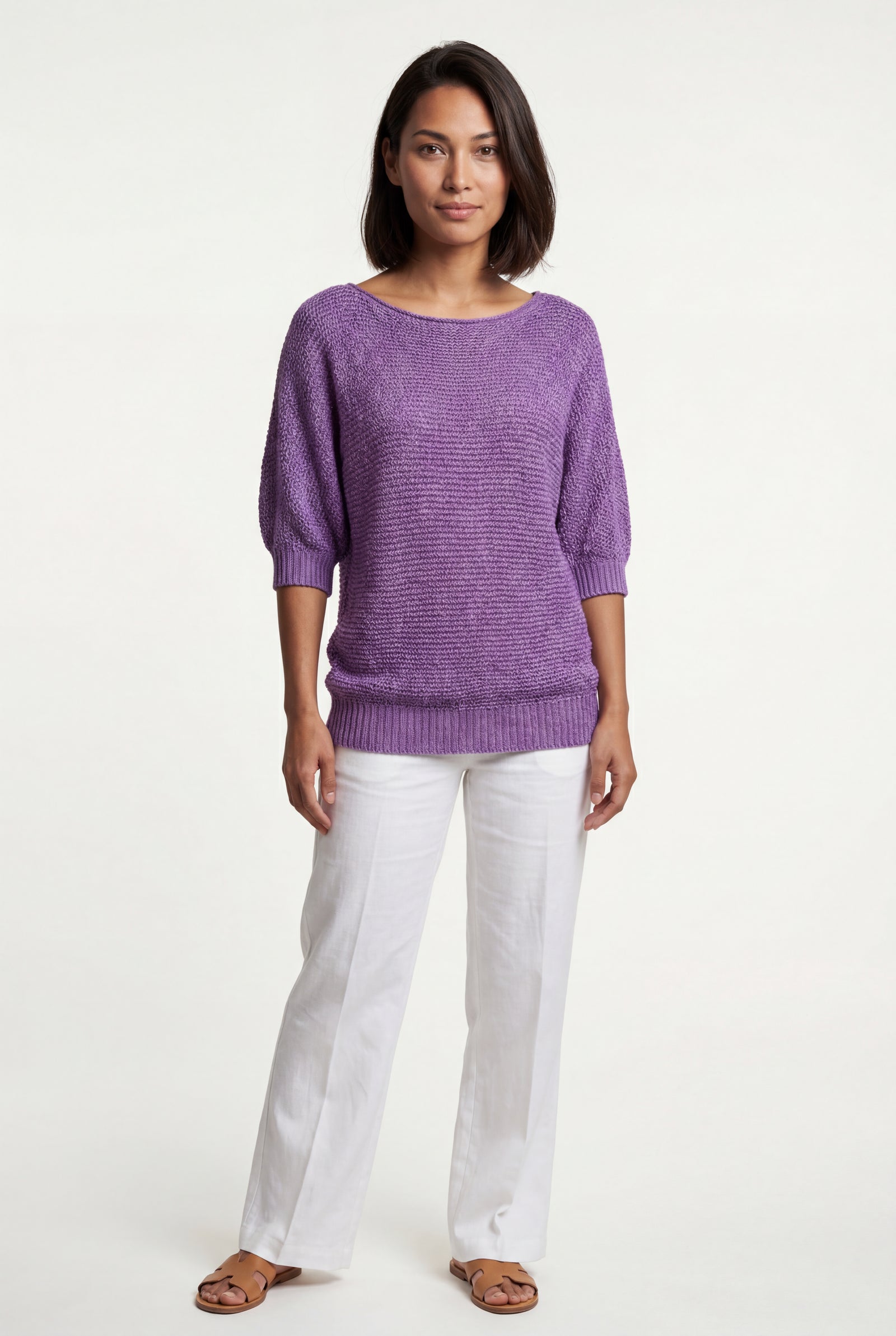 Purple Textured Relaxed Fit 3/4 Sleeve Knitted Sweater - Photo 22