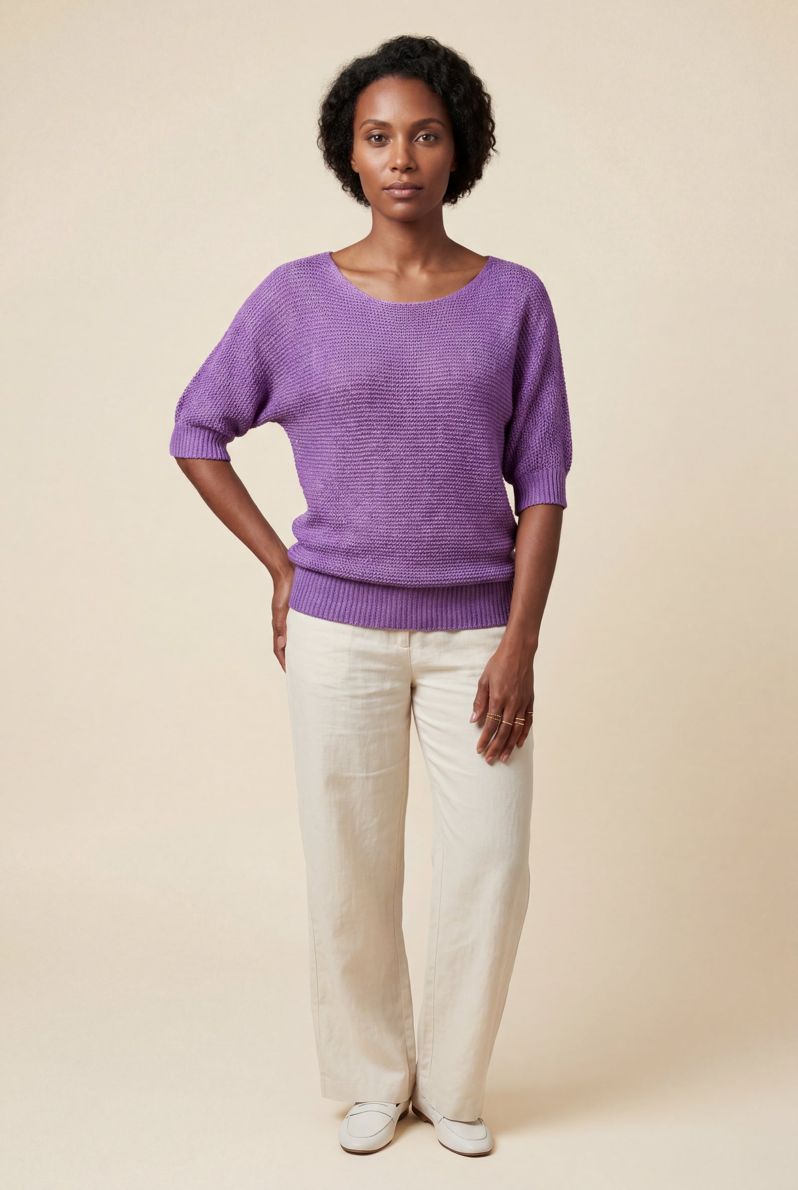 Purple Textured Relaxed Fit 3/4 Sleeve Knitted Sweater - Photo 23