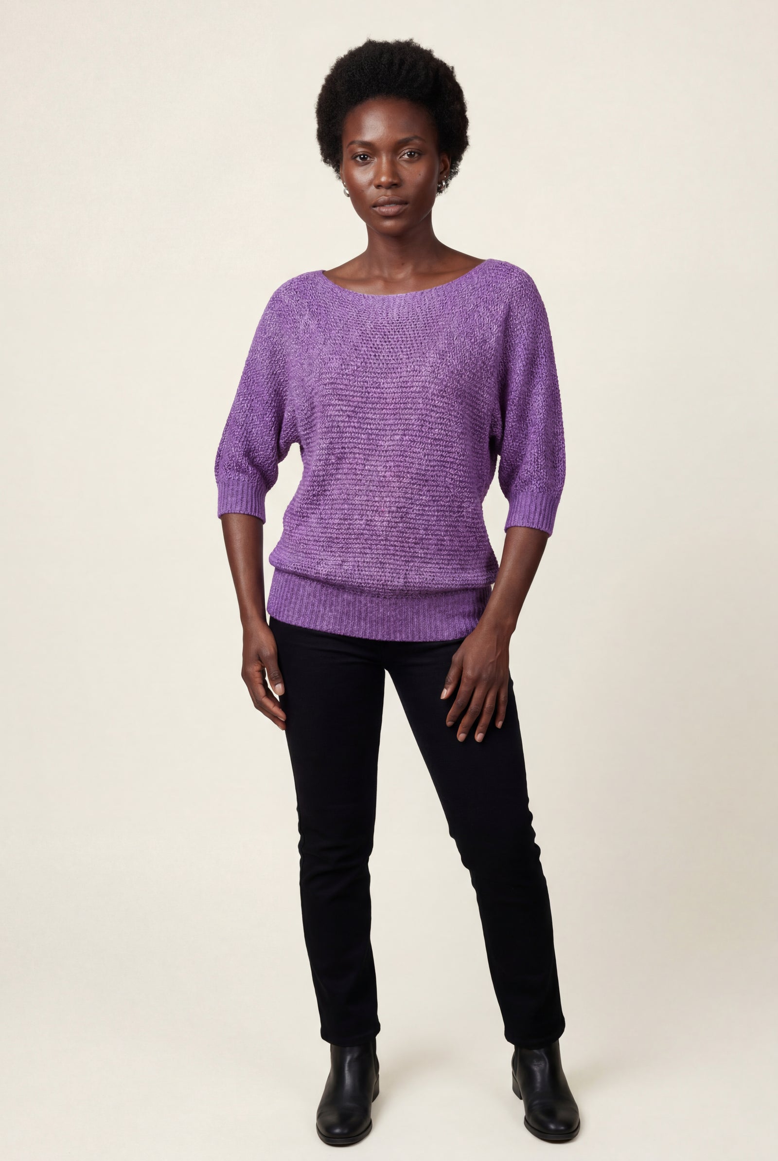 Purple Textured Relaxed Fit 3/4 Sleeve Knitted Sweater - Photo 24