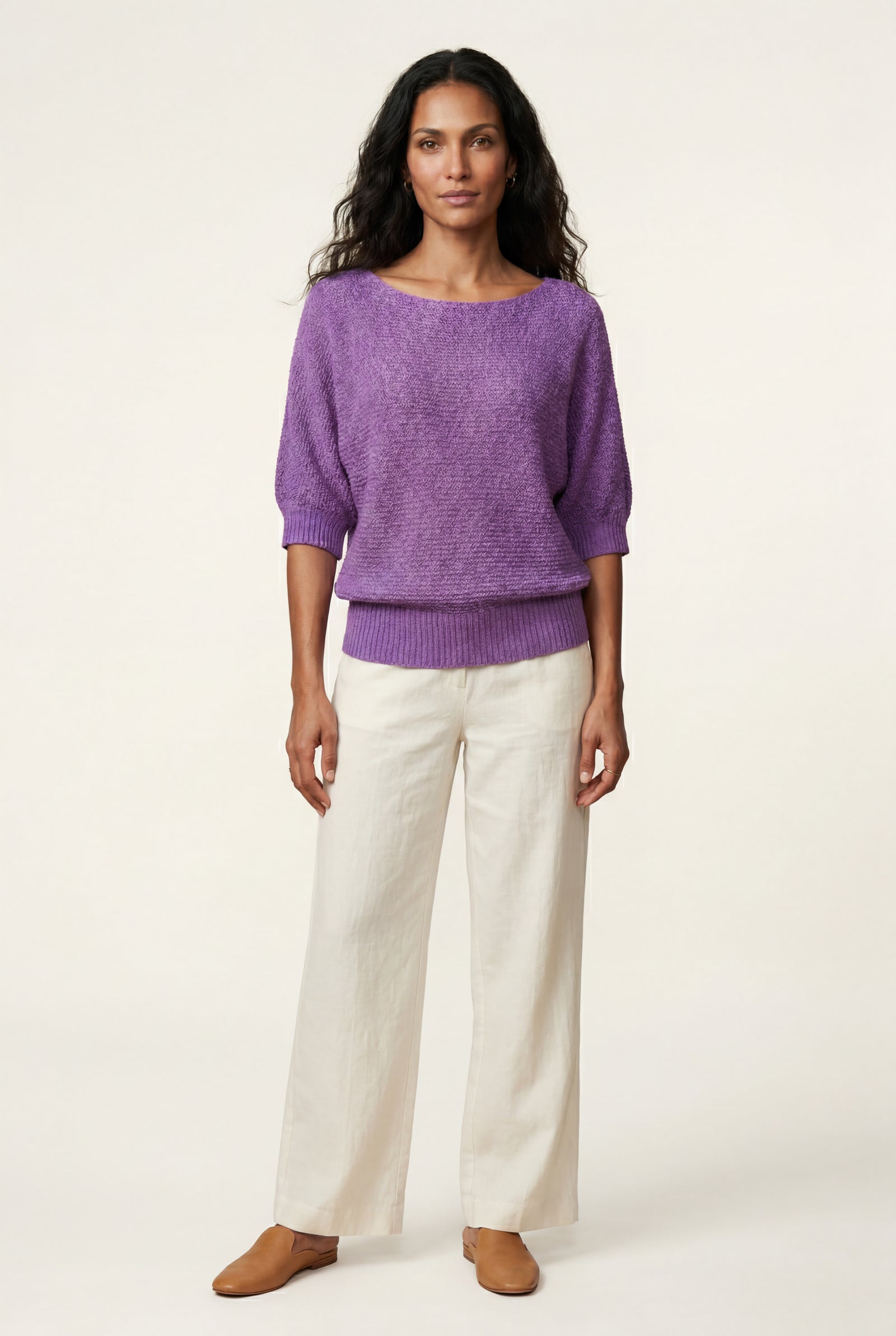 Purple Textured Relaxed Fit 3/4 Sleeve Knitted Sweater - Photo 25