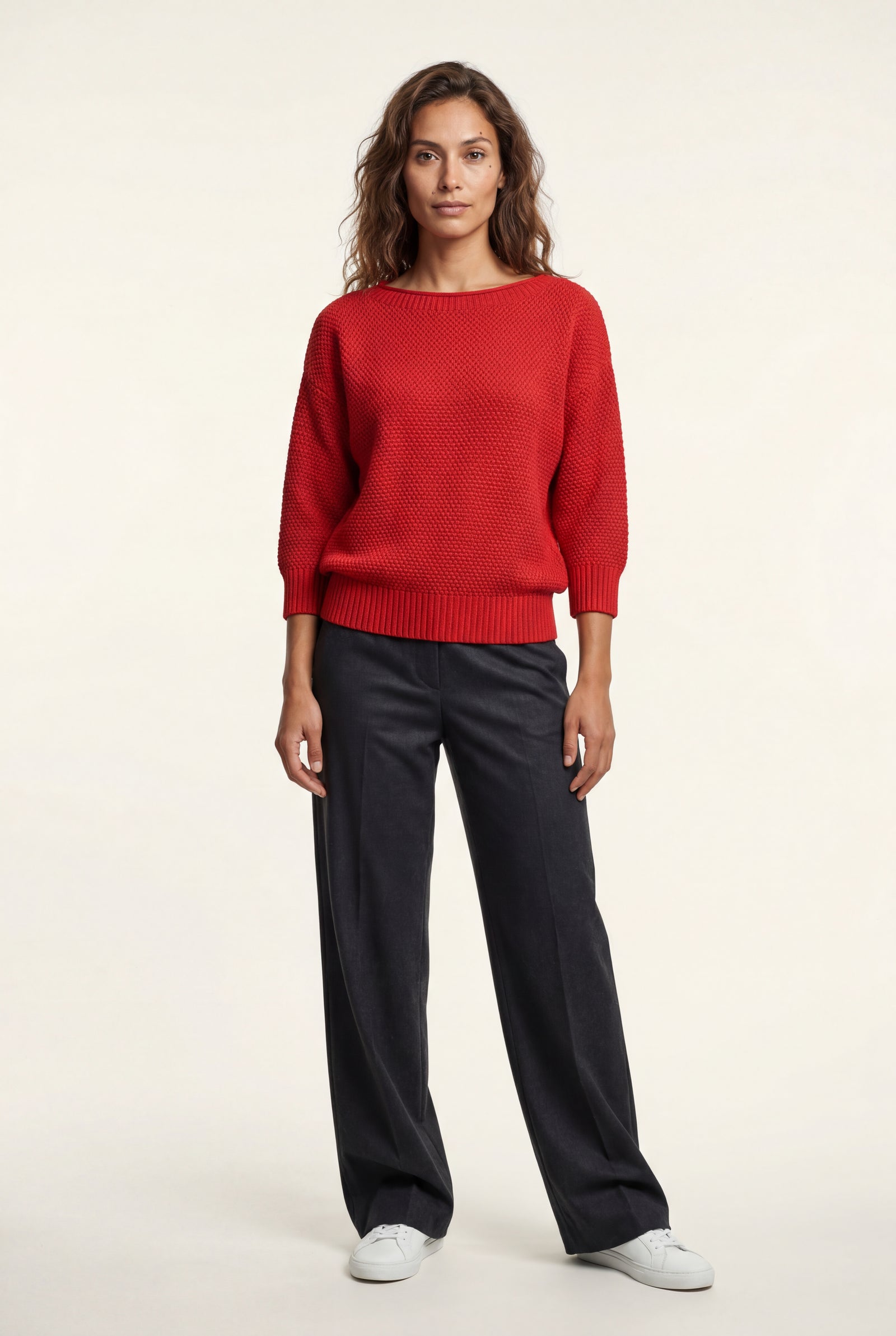 Red Textured Relaxed Fit 3/4 Sleeve Knitted Sweater - Photo 29