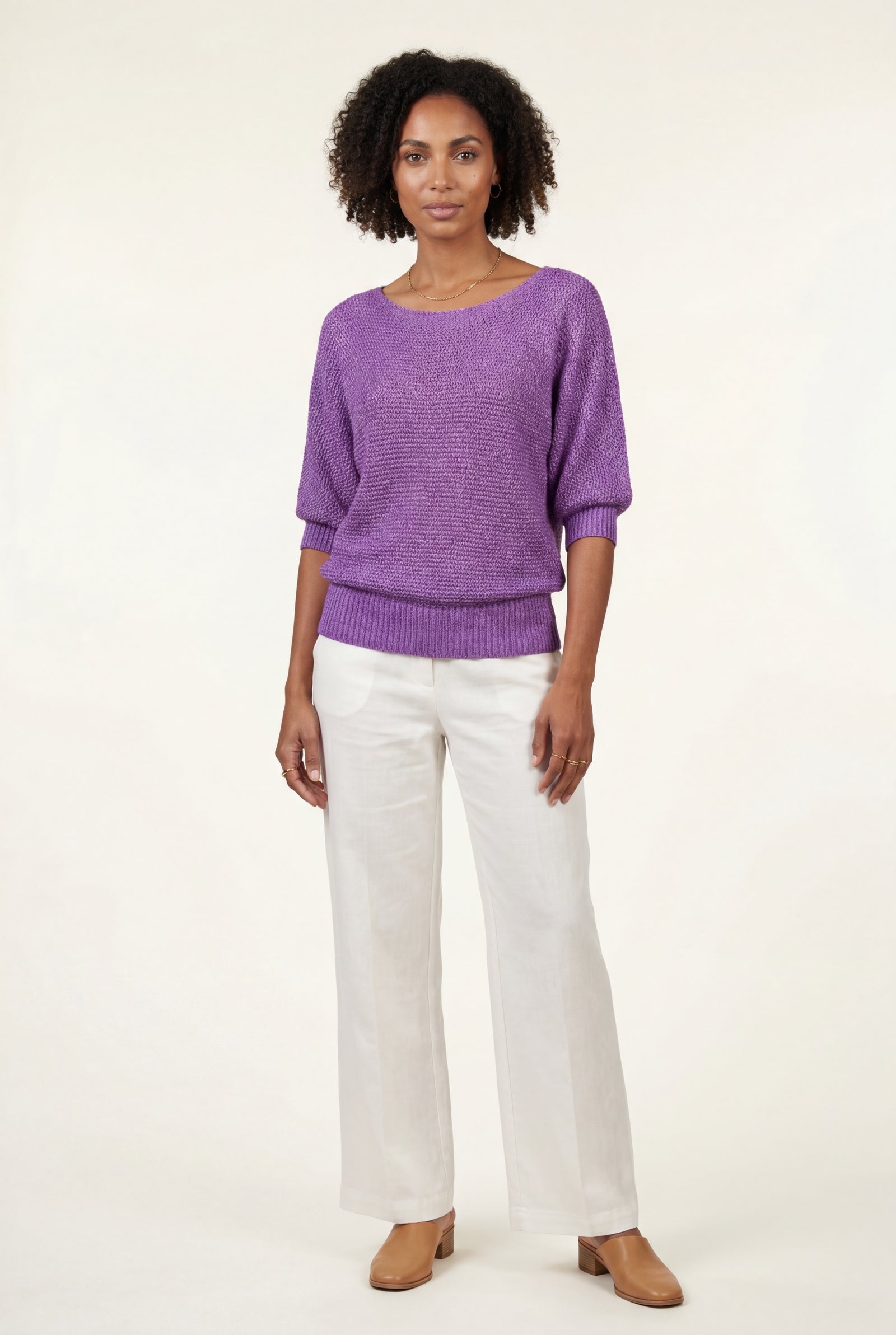 Purple Textured Relaxed Fit 3/4 Sleeve Knitted Sweater - Photo 34
