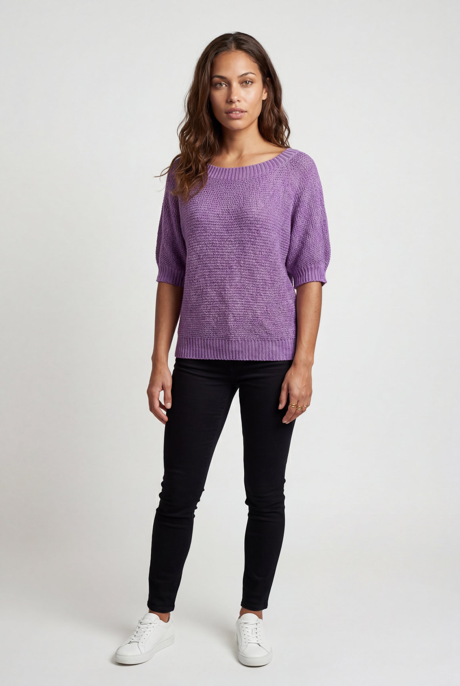 Purple Textured Relaxed Fit 3/4 Sleeve Knitted Sweater - Photo 35