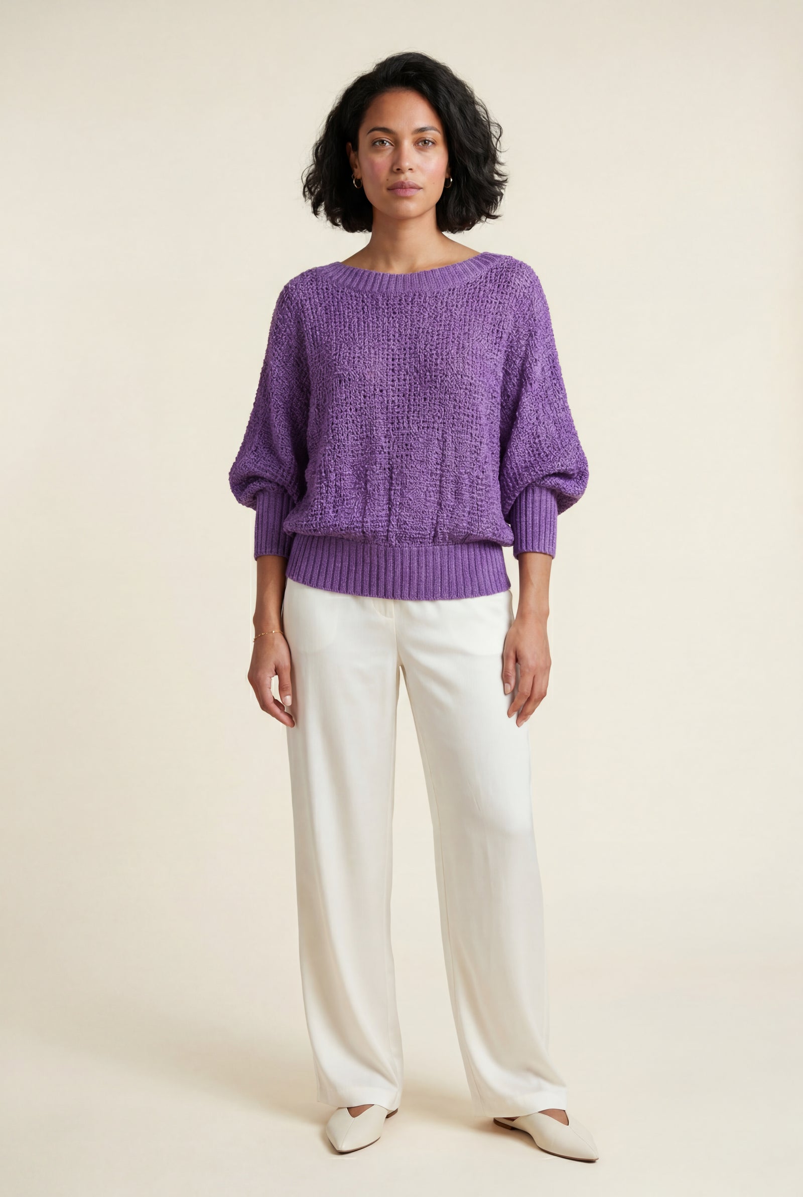 Purple Textured Relaxed Fit 3/4 Sleeve Knitted Sweater - Photo 37