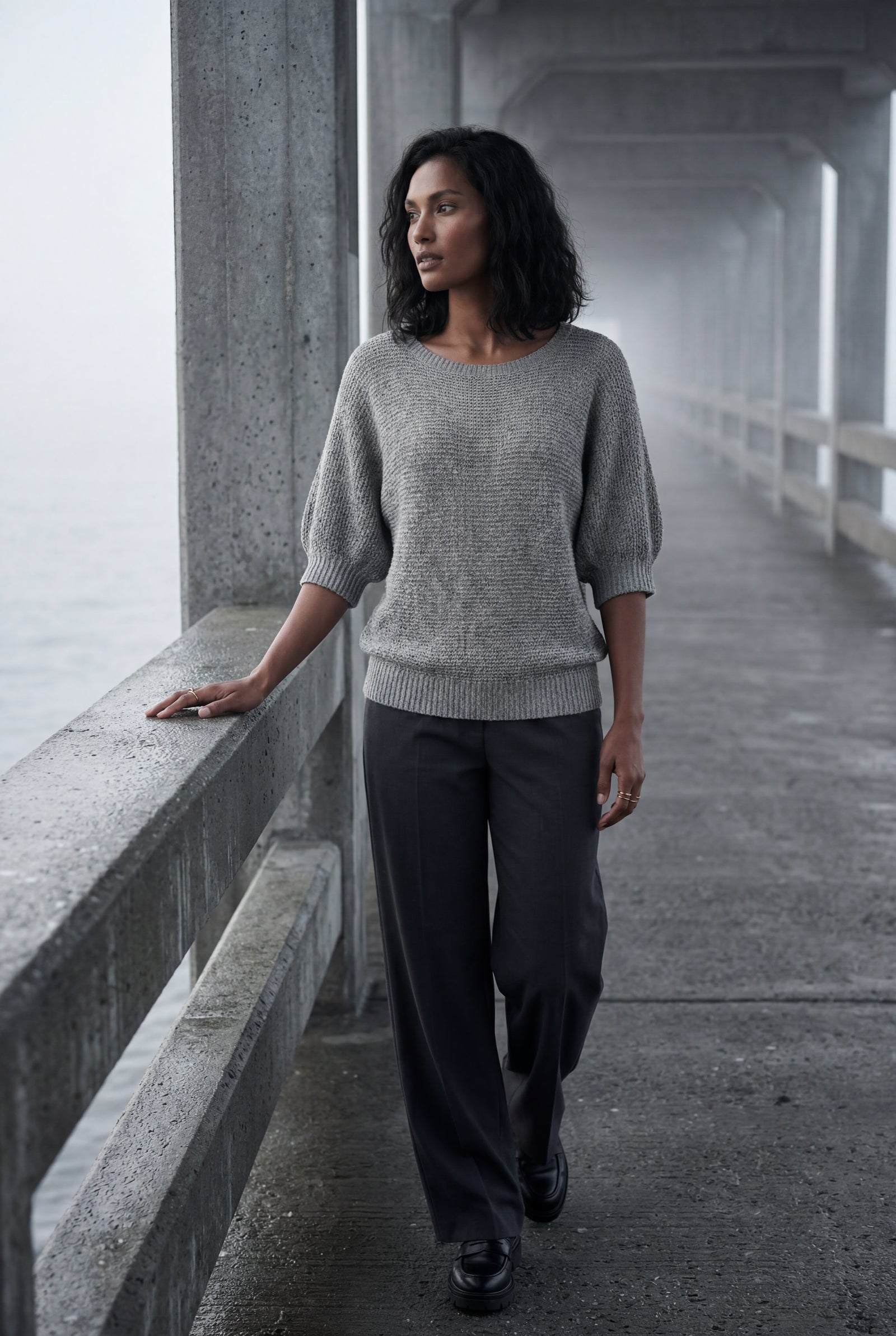 Gray Textured Relaxed Fit 3/4 Sleeve Knitted Sweater - Photo 5