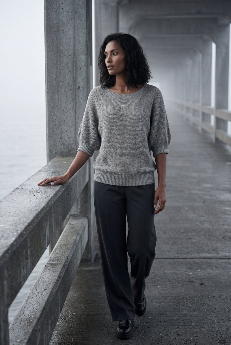 Gray Textured Relaxed Fit 3/4 Sleeve Knitted Sweater - Photo 5