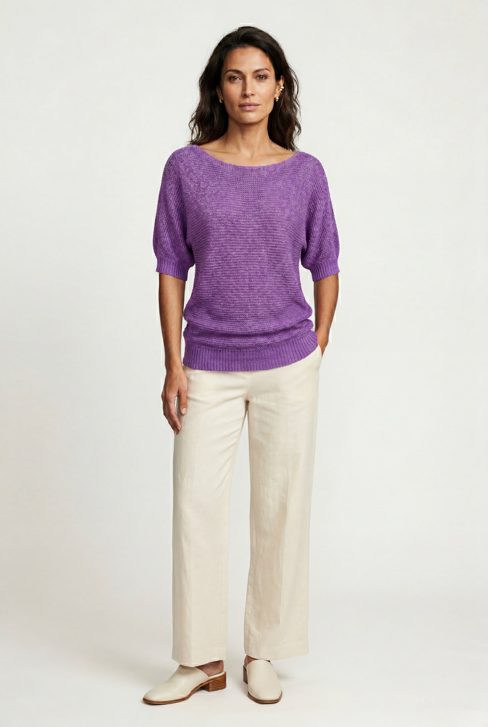 Purple Textured Relaxed Fit 3/4 Sleeve Knitted Sweater - Photo 8