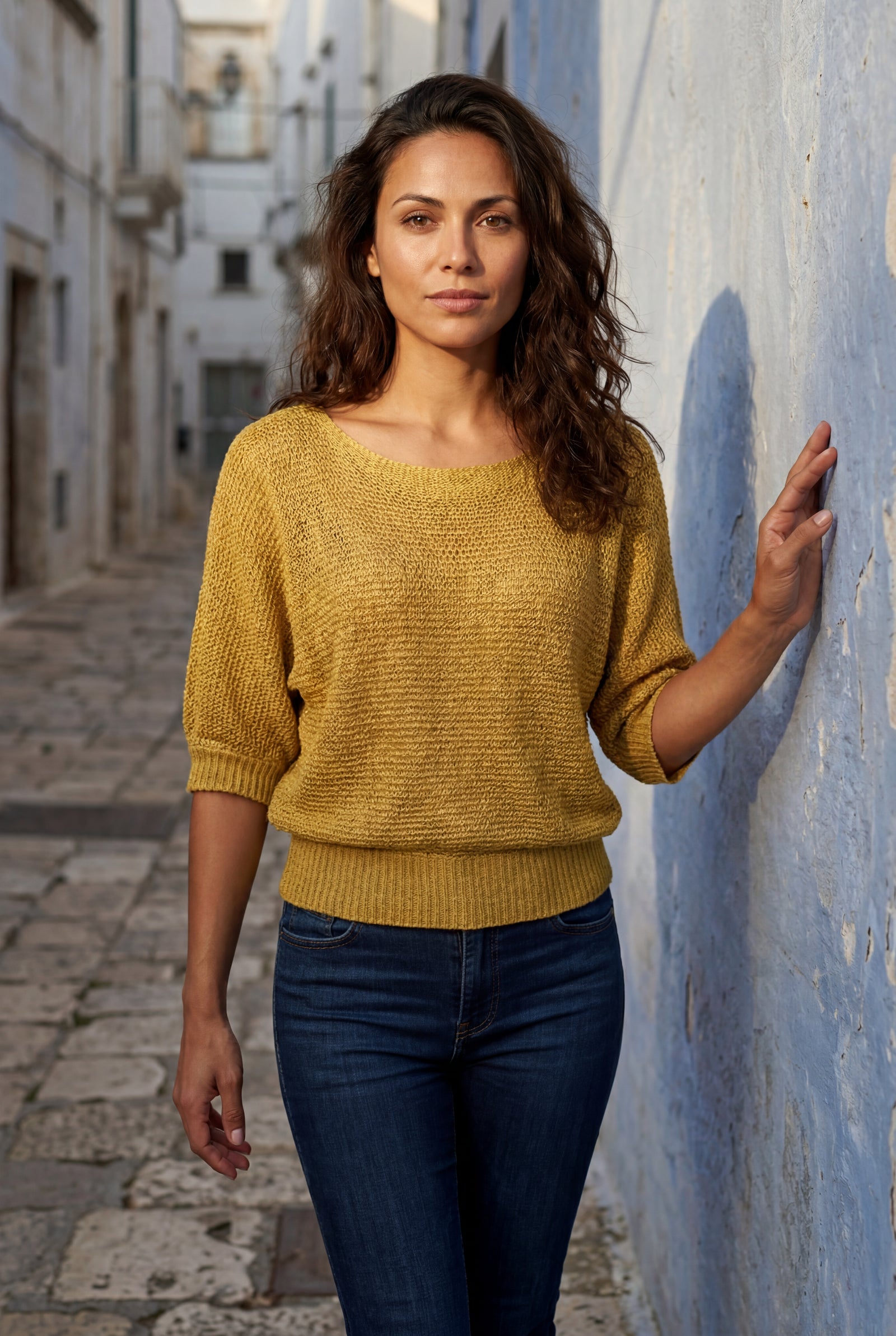 Yellow Textured Relaxed Fit 3/4 Sleeve Knitted Sweater - Photo 9