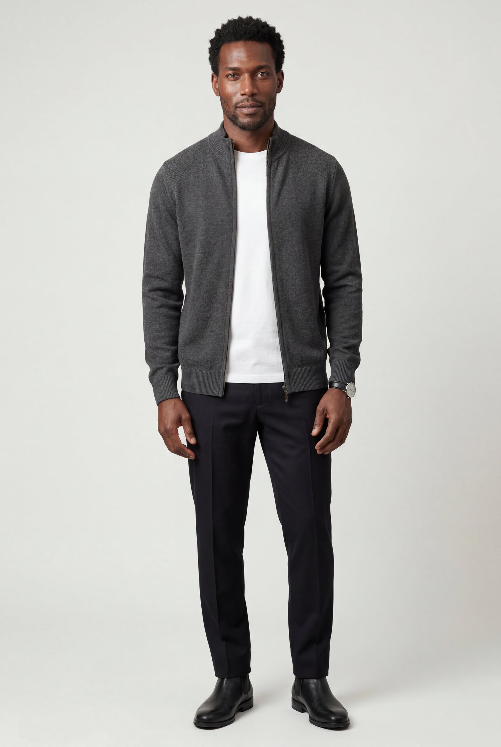 Gray Textured Stand Collar Full Zip Knitted Cardigan - Photo 3