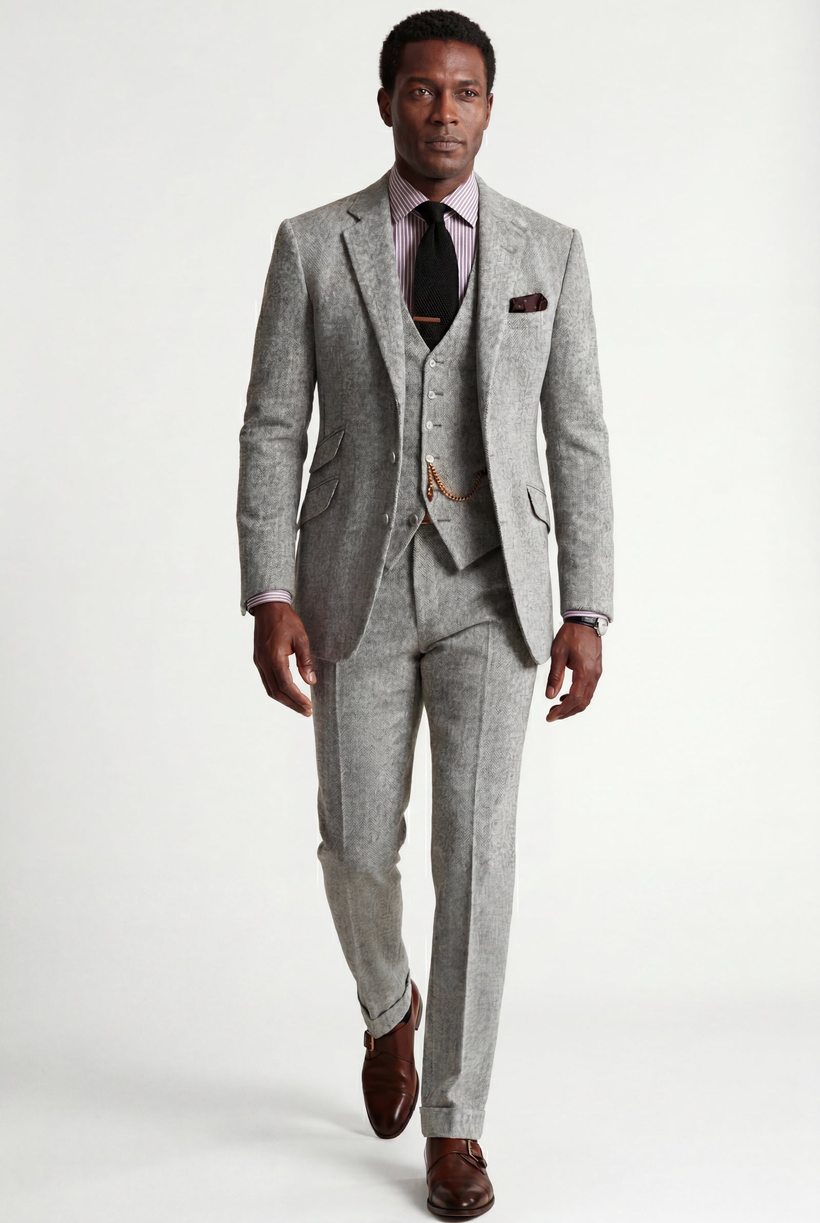 Gray Textured Three-piece Suit with Notched Lapels - Photo 10