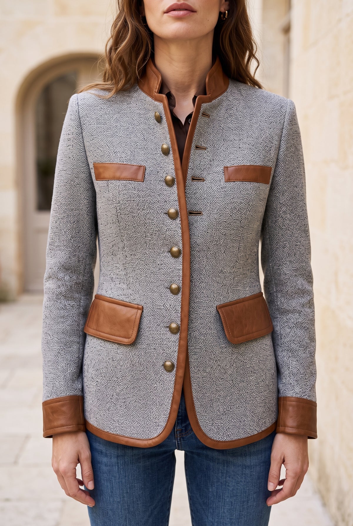 Tweed Jacket with Leather Trim in Gray — studio front