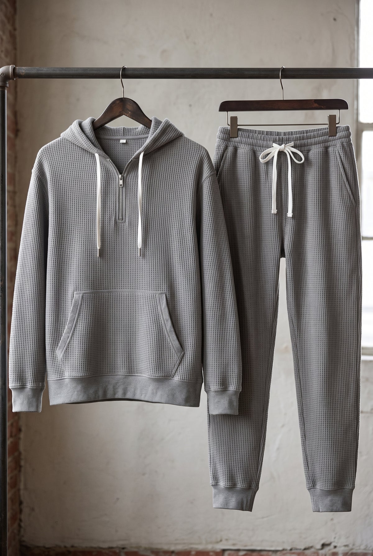 Waffle-Knit Hoodie Set in Gray — studio front