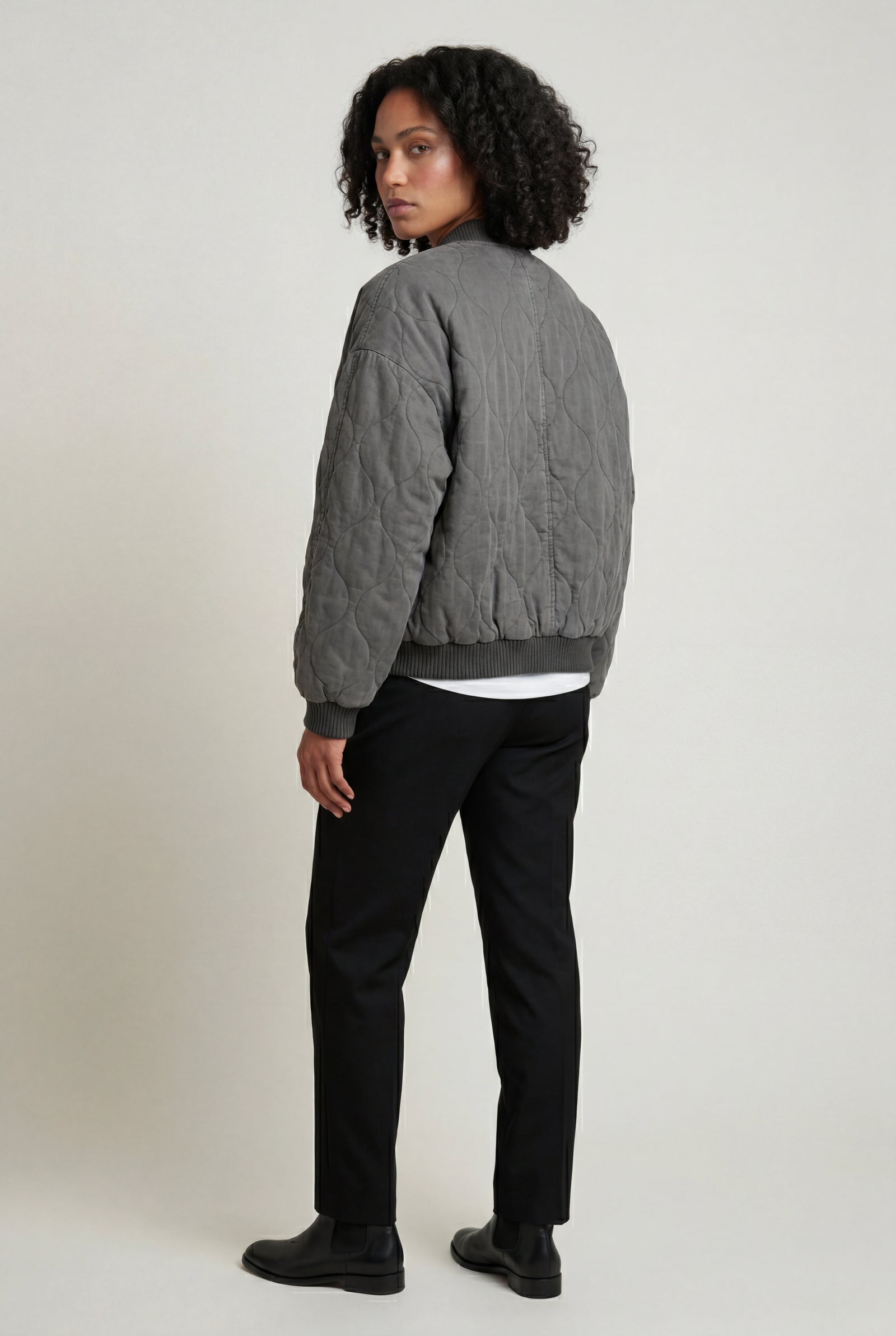 Gray Washed Charcoal Quilted Bomber Jacket with Ribbed Trim - Bomber jackets - Photo 2