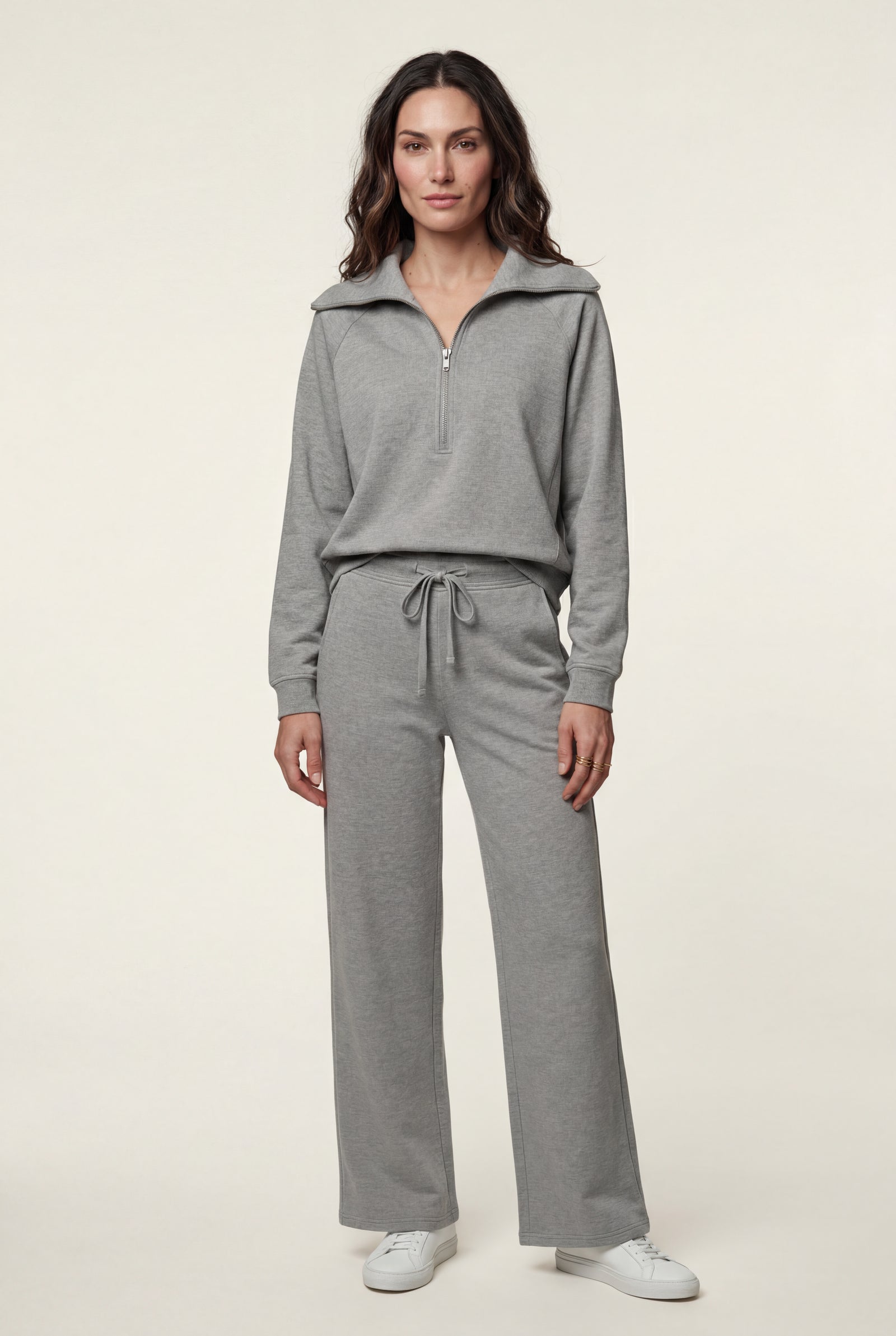 Gray Wide-leg Zip Collar Lounge Set with Relaxed Pullover - Two piece set - Photo 2