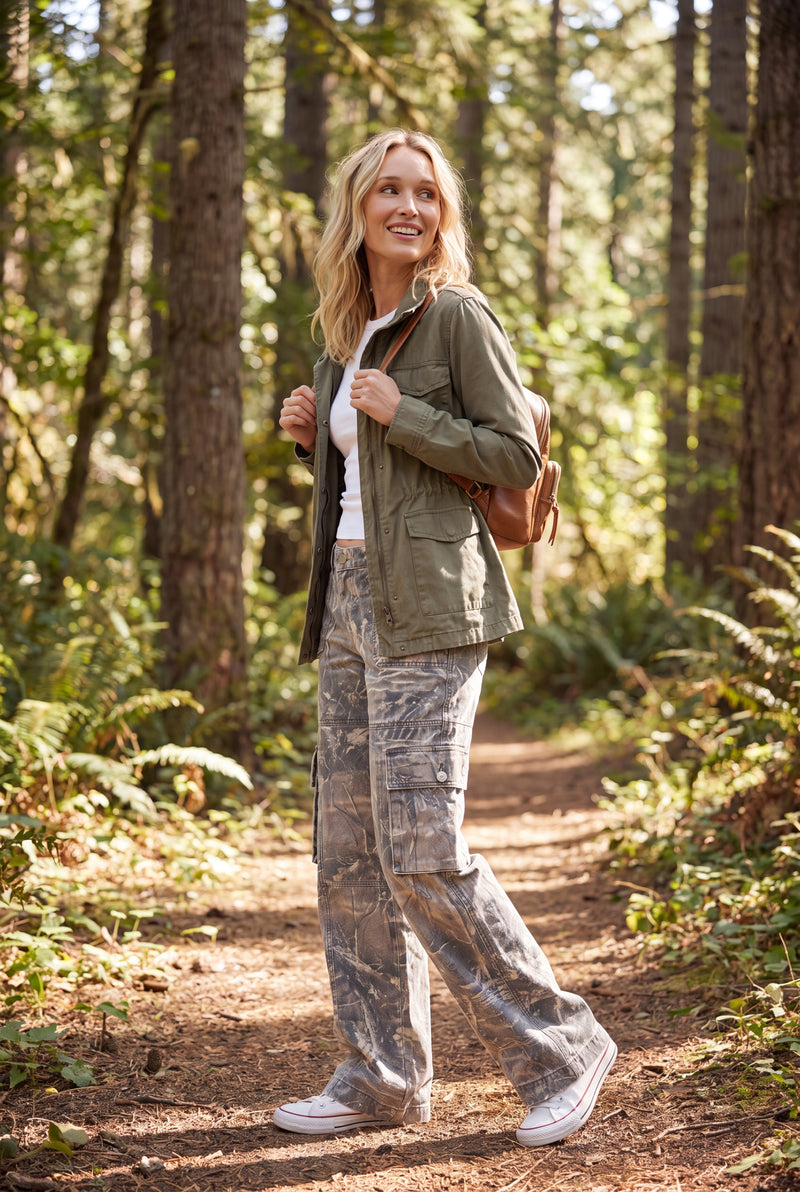 Women Cargo Pants Camouflage Print in Gray — lifestyle hiking