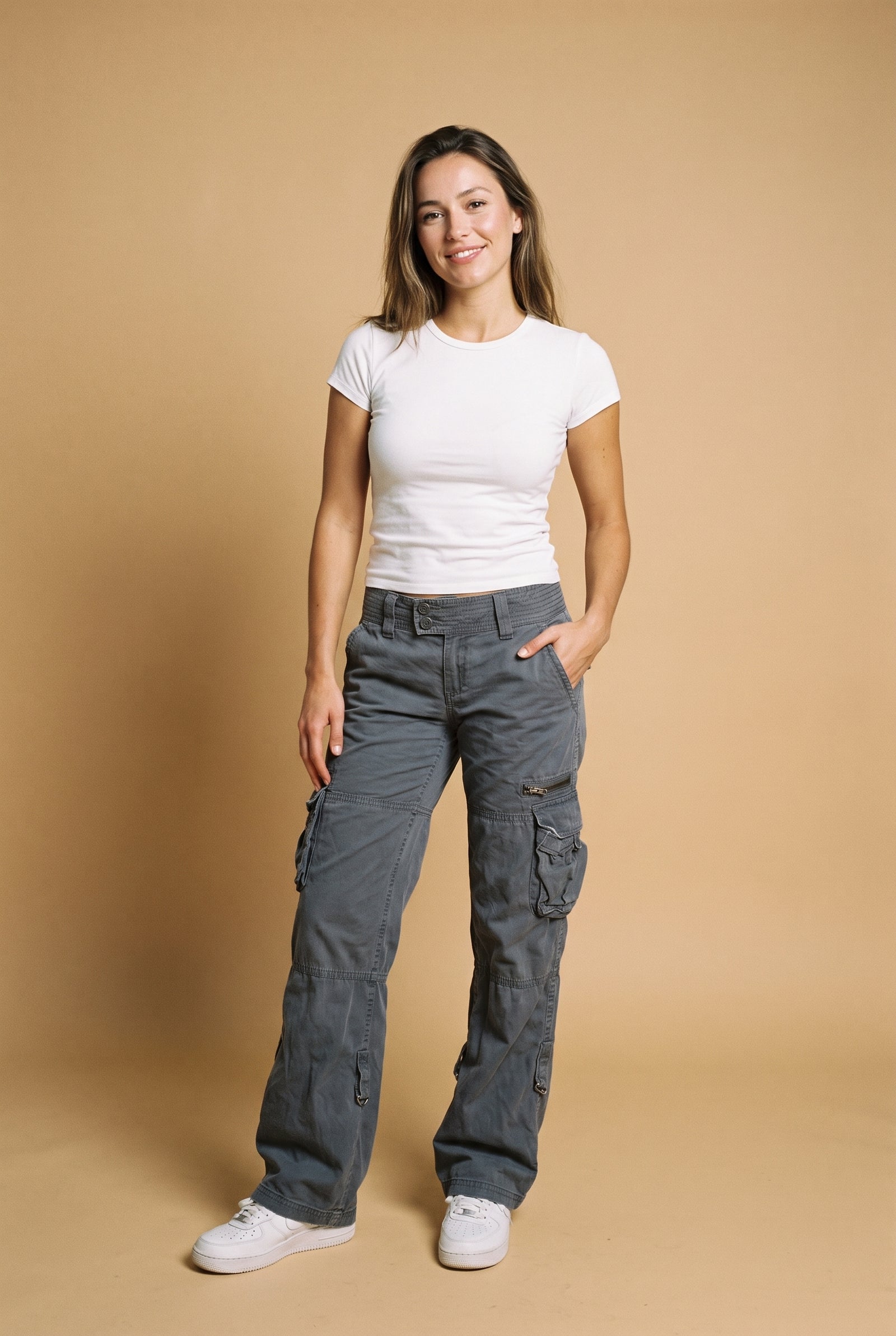 Women's Cargo Trousers Wide Leg in Gray — studio
