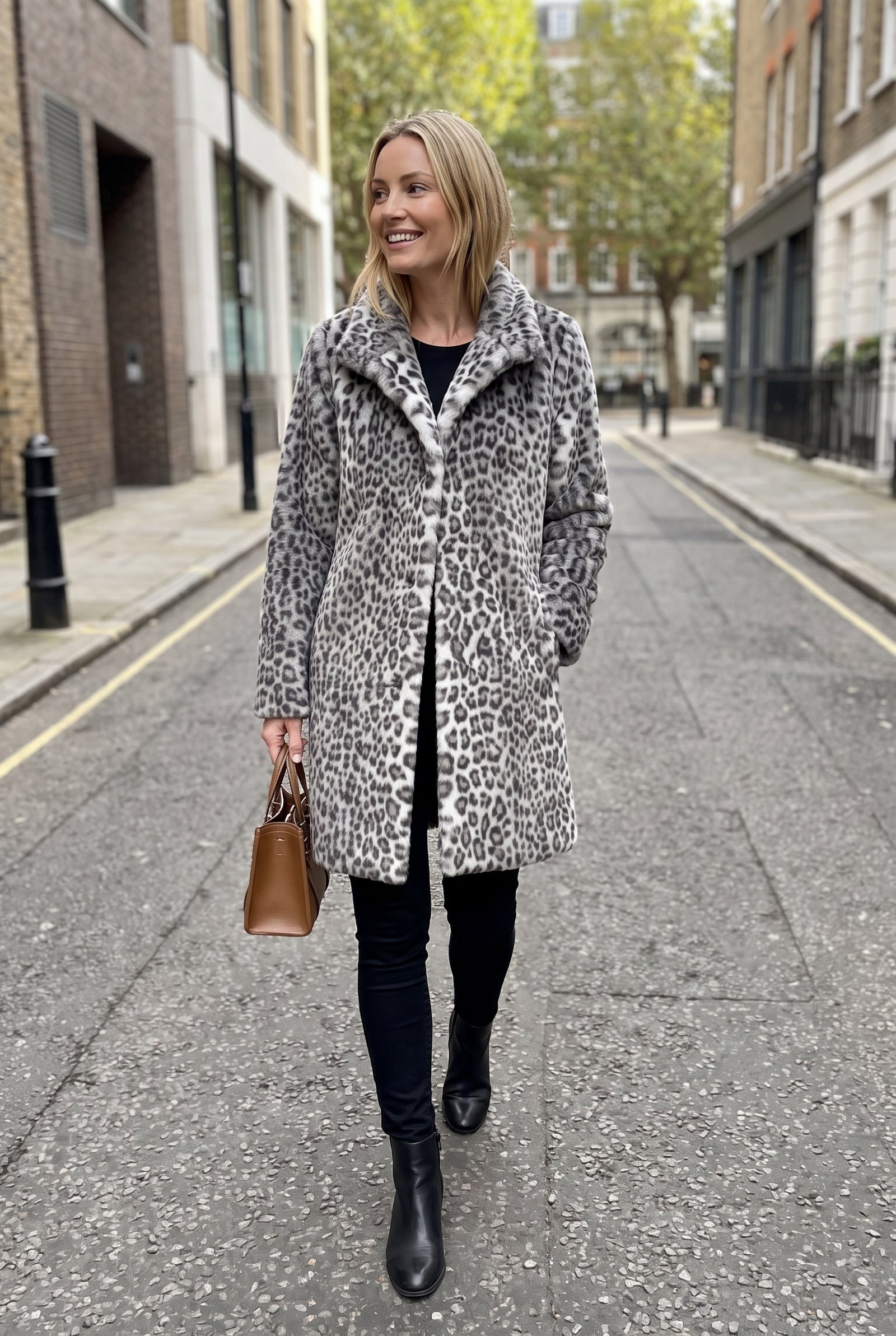 Women's Coat Leopard Print Slim Fit in Gray — ugc shot