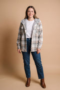 Women's Hooded Plaid Jacket in Gray — studio front