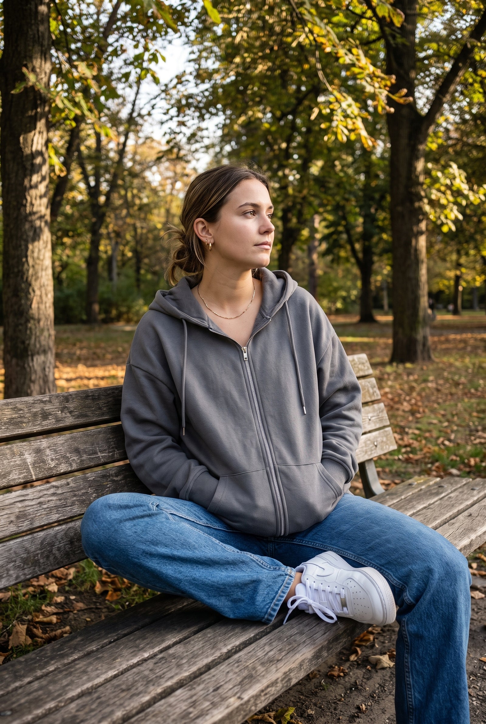 Women's Hoodie Oversized Zipper in Gray — park bench
