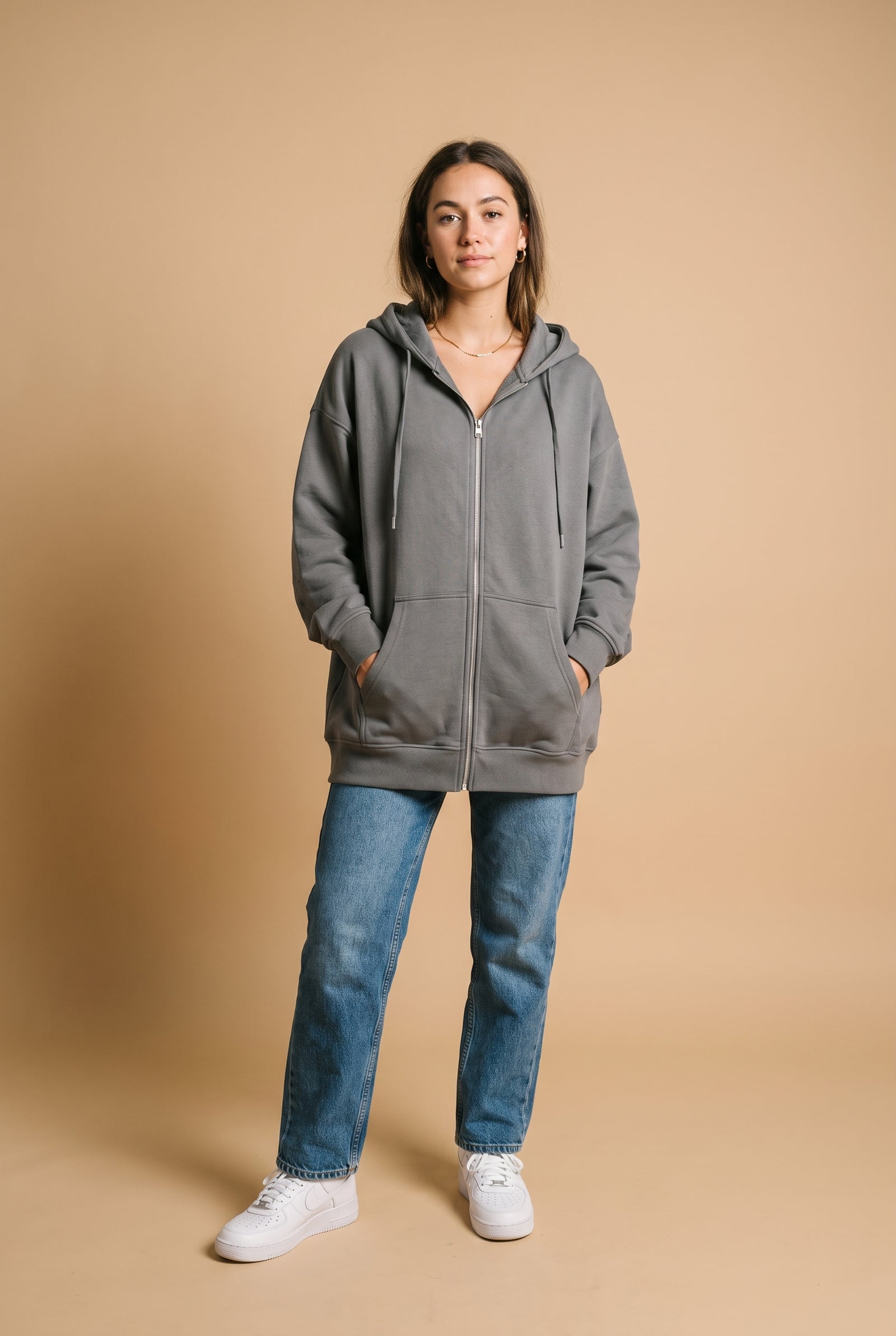 Women's Hoodie Oversized Zipper in Gray — studio front