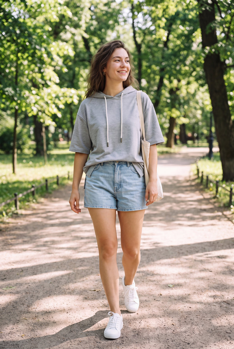 Women's Hoodie Short Sleeve Oversized in Gray — park walk