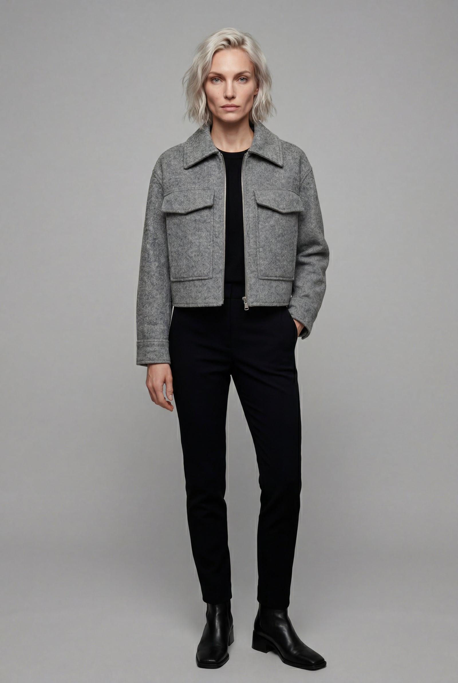 Gray Women's Boxy Cropped Zip Up Jacket with Flap Pockets - Photo 1