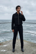 Black Women's Boxy Cropped Zip Up Jacket with Flap Pockets - Photo 10