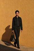 Black Women's Boxy Cropped Zip Up Jacket with Flap Pockets - Photo 7